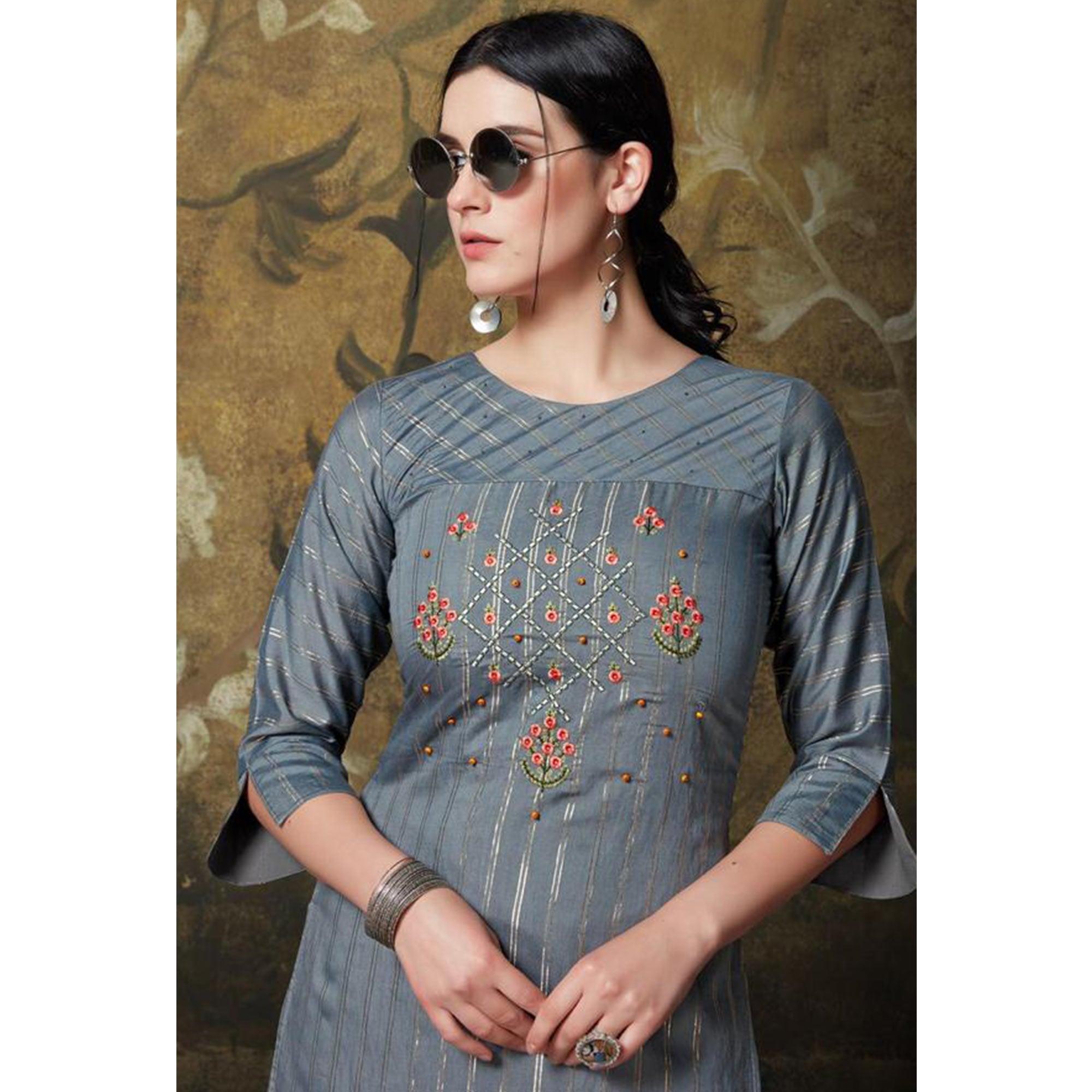 Refreshing Dark Grey Colored Casual Wear Embroidered Cotton Silk Kurti Palazzo Set - Peachmode