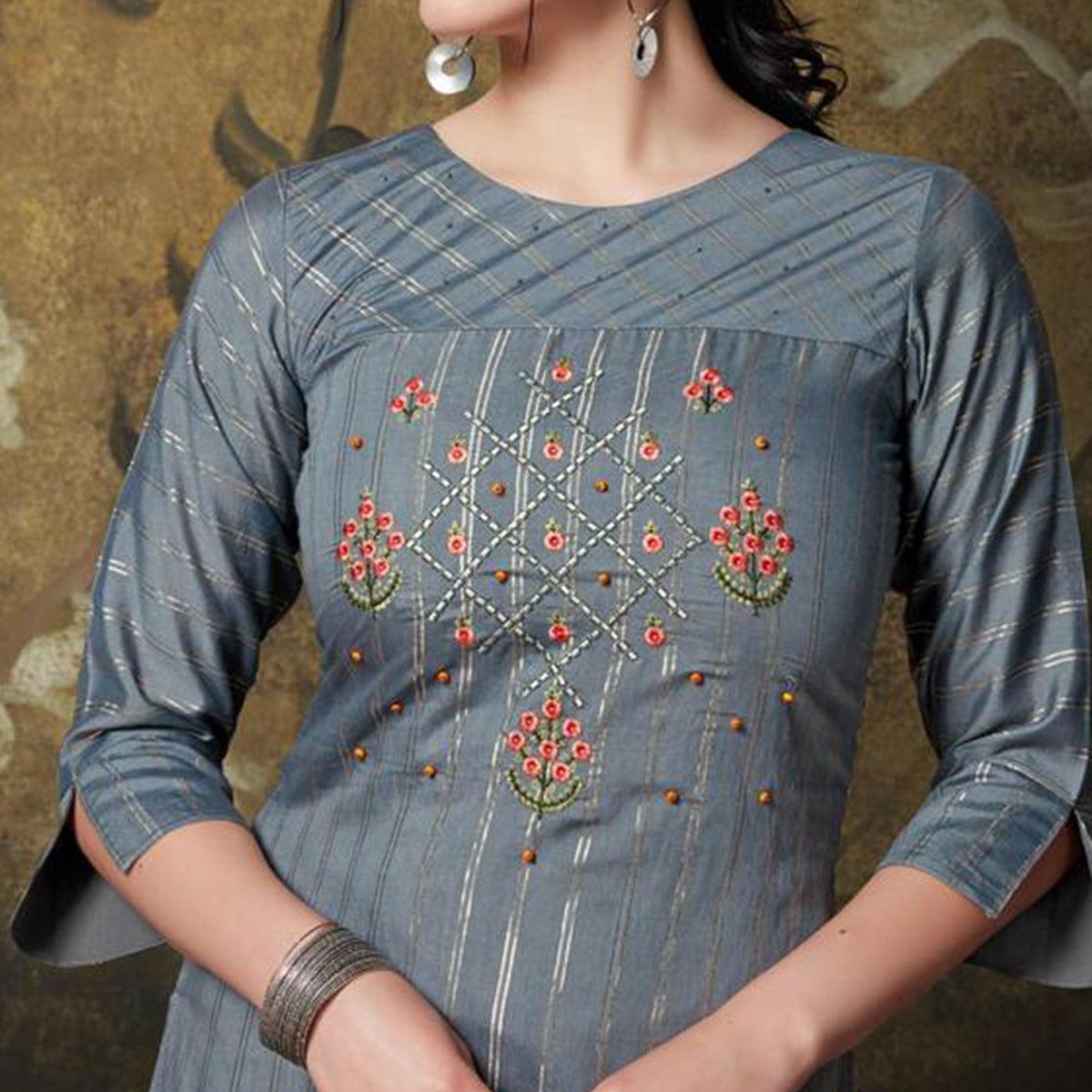 Refreshing Dark Grey Colored Casual Wear Embroidered Cotton Silk Kurti Palazzo Set - Peachmode