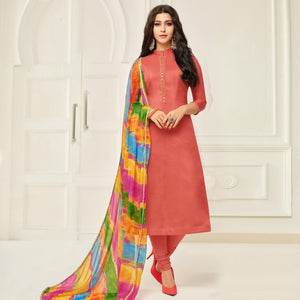 Refreshing Dark Peach Colored Casual Wear Printed Chanderi Dress Material - Peachmode