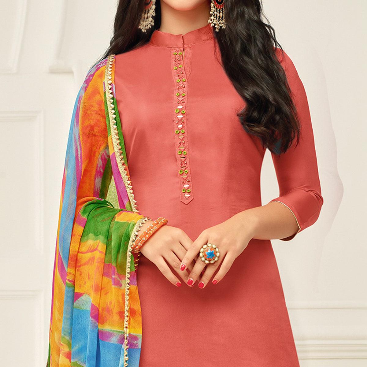Refreshing Dark Peach Colored Casual Wear Printed Chanderi Dress Material - Peachmode