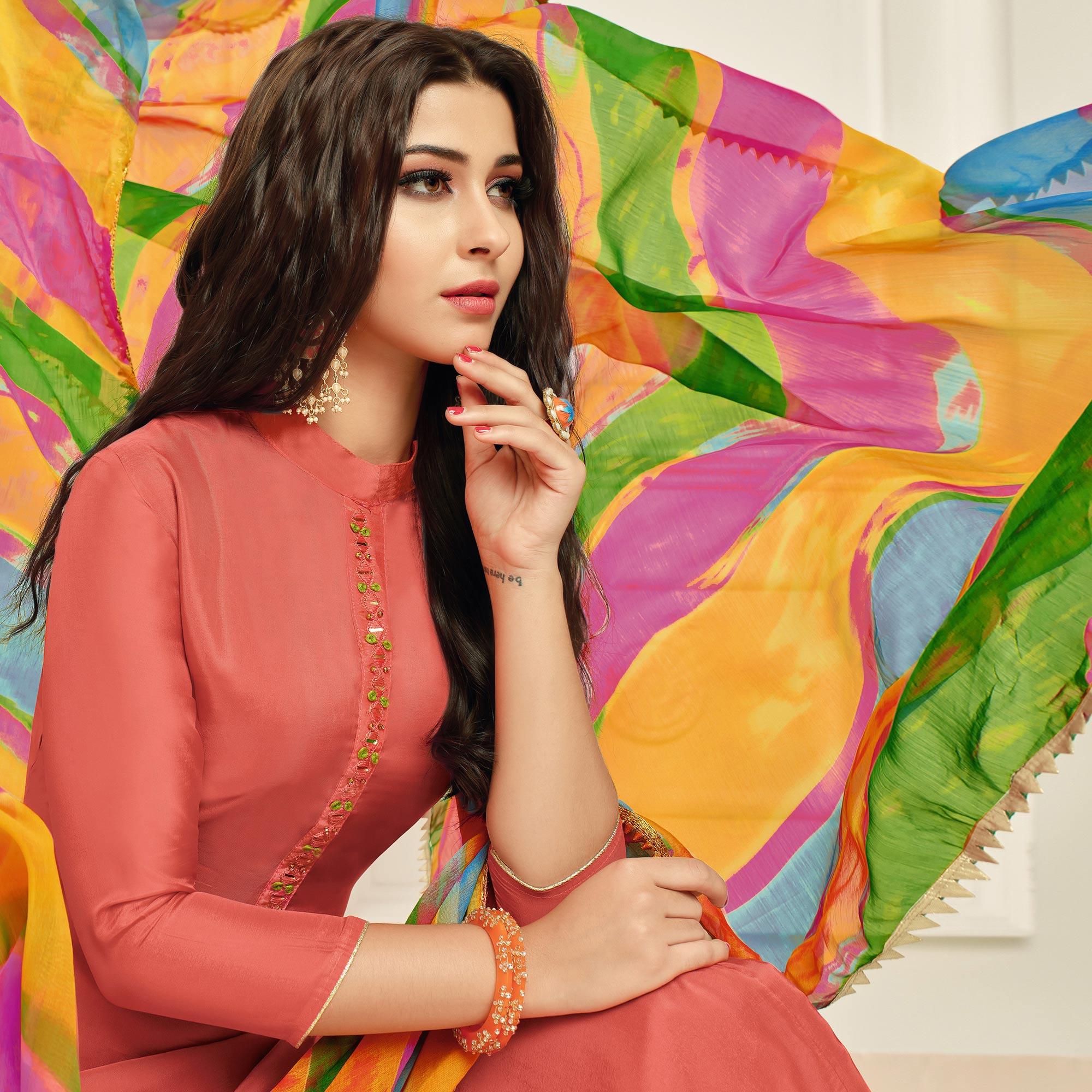 Refreshing Dark Peach Colored Casual Wear Printed Chanderi Dress Material - Peachmode
