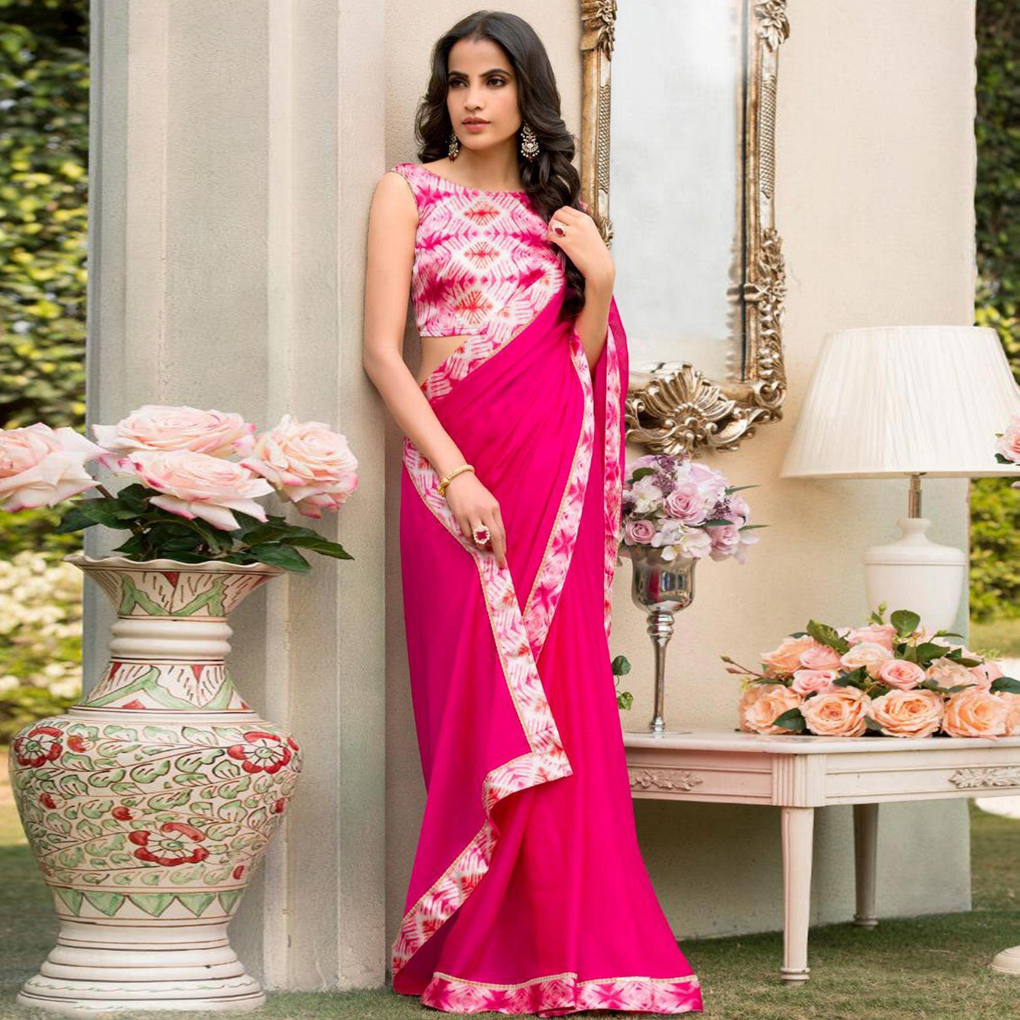 Refreshing Dark Pink Colored Partywear Printed Chiffon Saree - Peachmode
