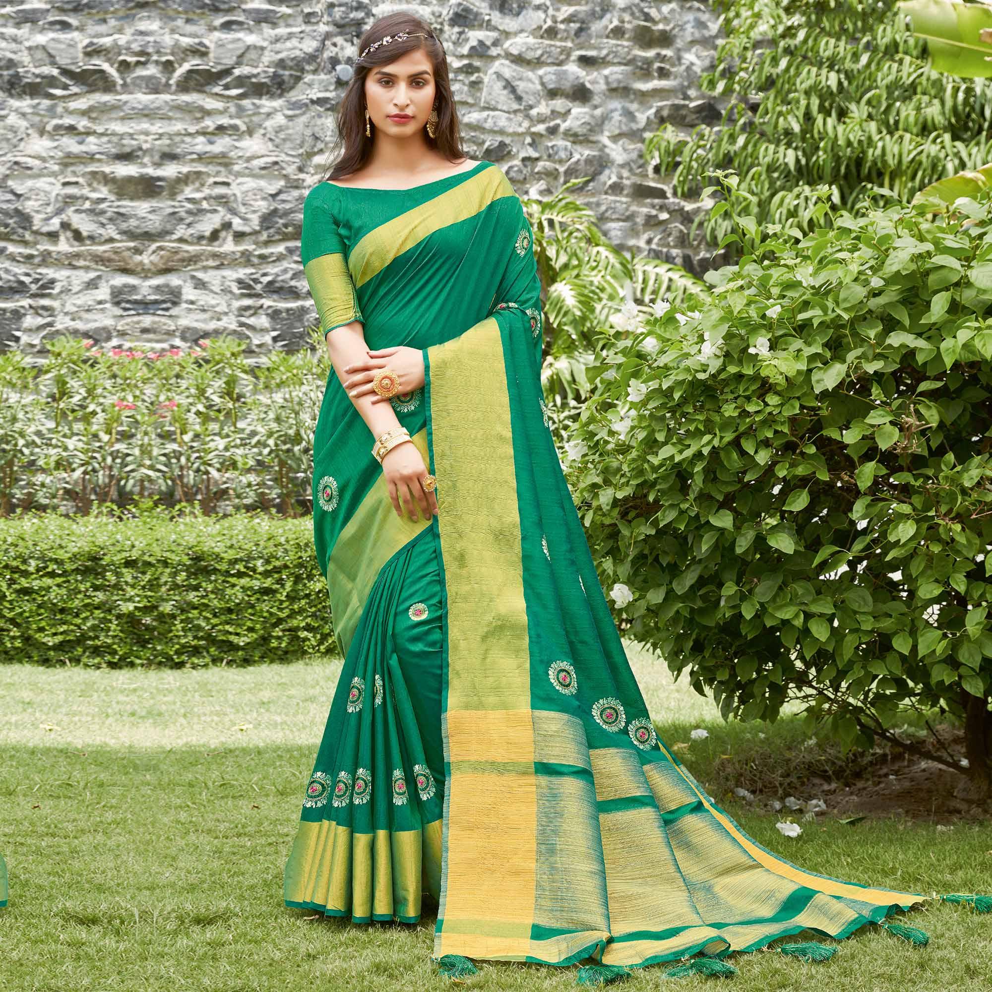 Refreshing Green Colored Festive Wear Woven Handloom Silk Saree - Peachmode