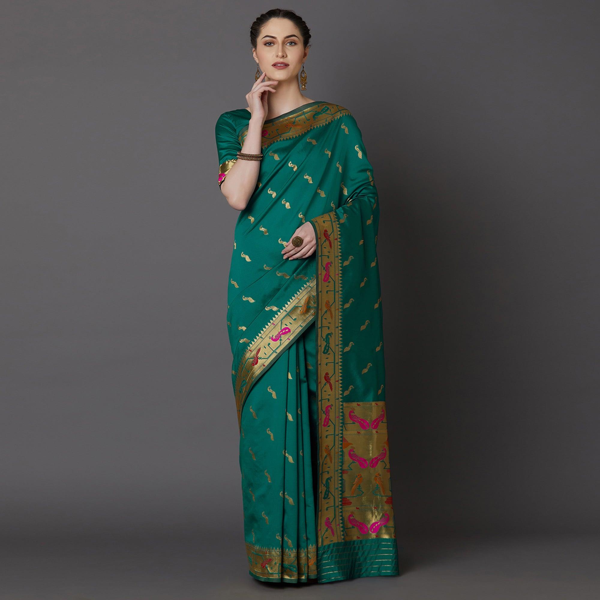 Refreshing Green Colored Festive Wear Woven Silk Blend Saree - Peachmode
