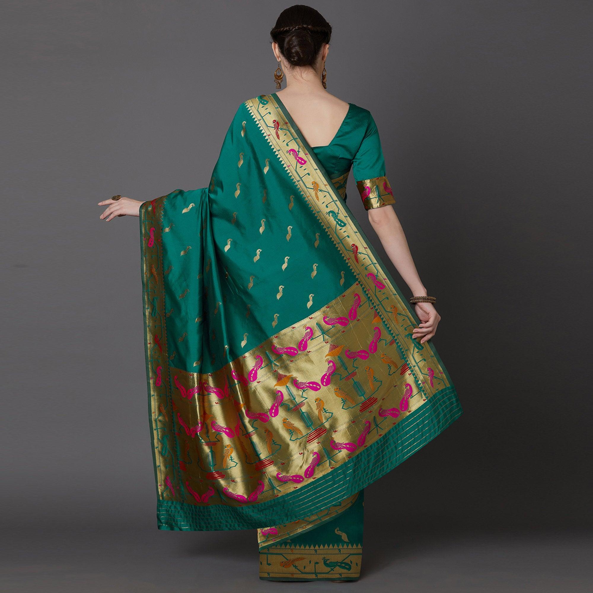 Refreshing Green Colored Festive Wear Woven Silk Blend Saree - Peachmode