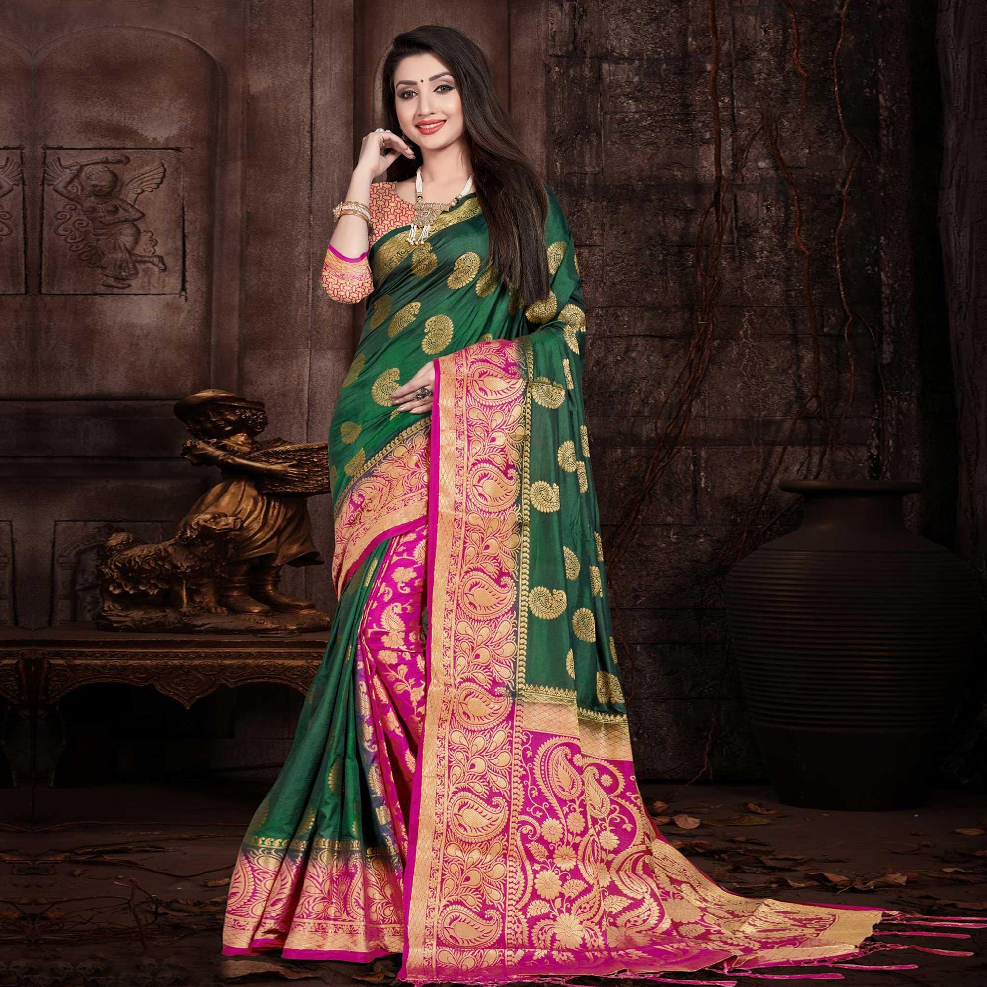 Refreshing Green Colored Festive Wear Woven Silk Saree - Peachmode