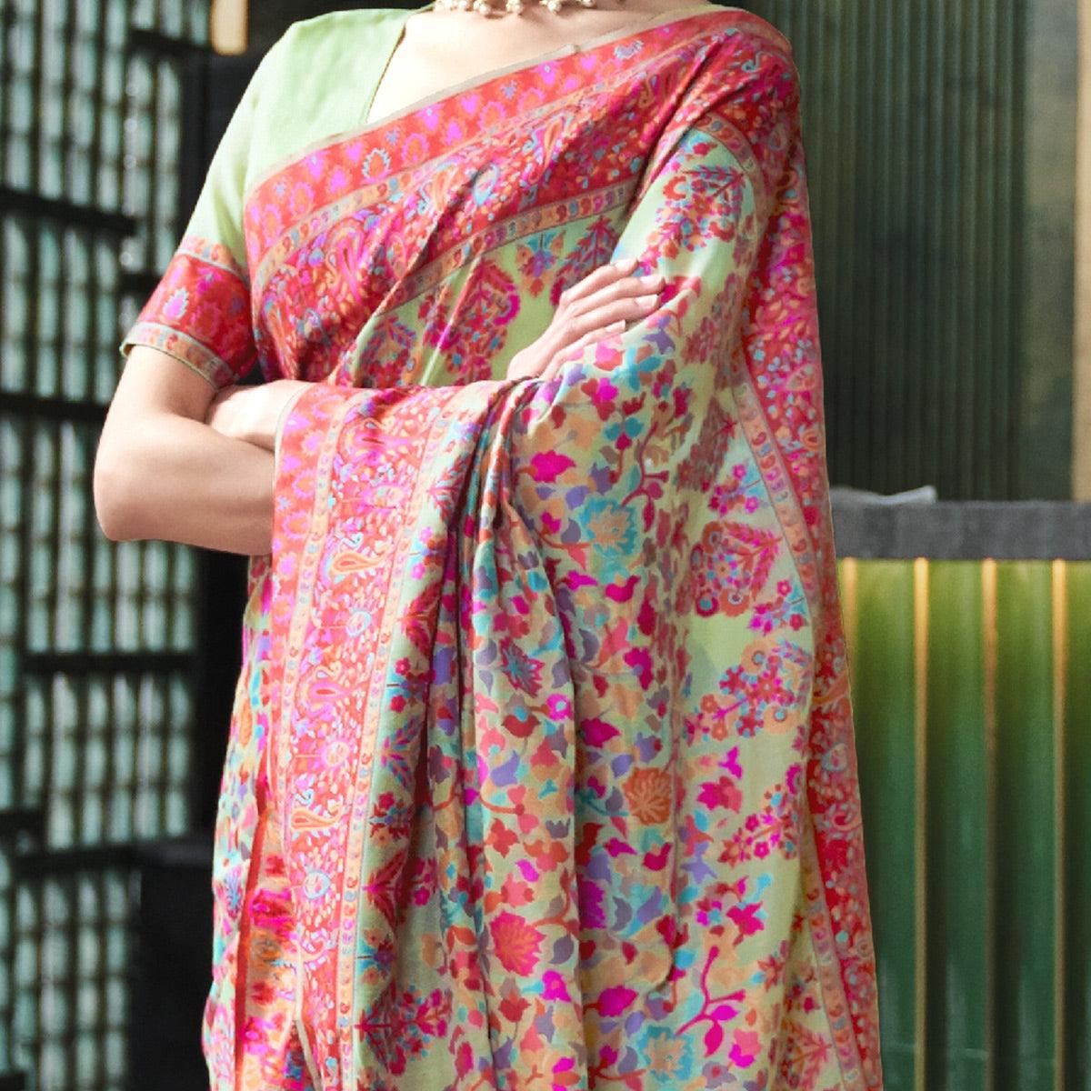 Refreshing Green Coloured Festive Wear Handloom Woven Silk Saree - Peachmode