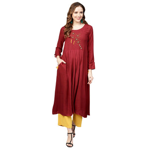 Refreshing Maroon Colored Casual Wear Embroidered Rayon Kurti - Peachmode
