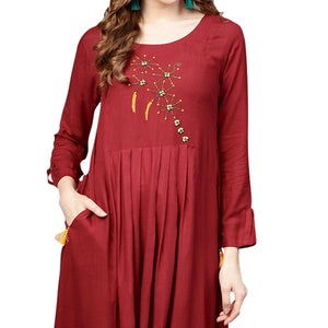 Refreshing Maroon Colored Casual Wear Embroidered Rayon Kurti - Peachmode