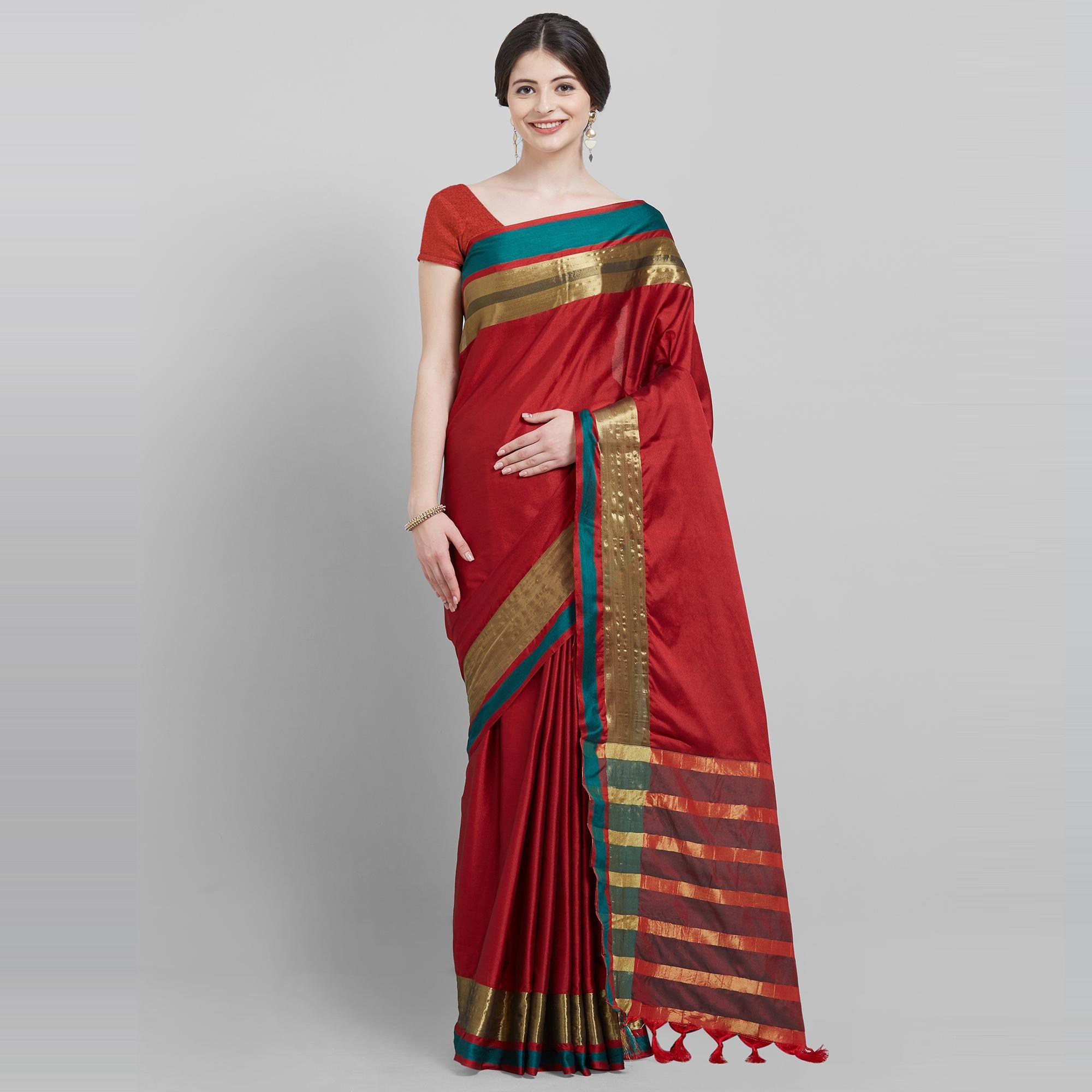 Refreshing Maroon Colored Festive Wear Woven Cotton Silk Saree - Peachmode