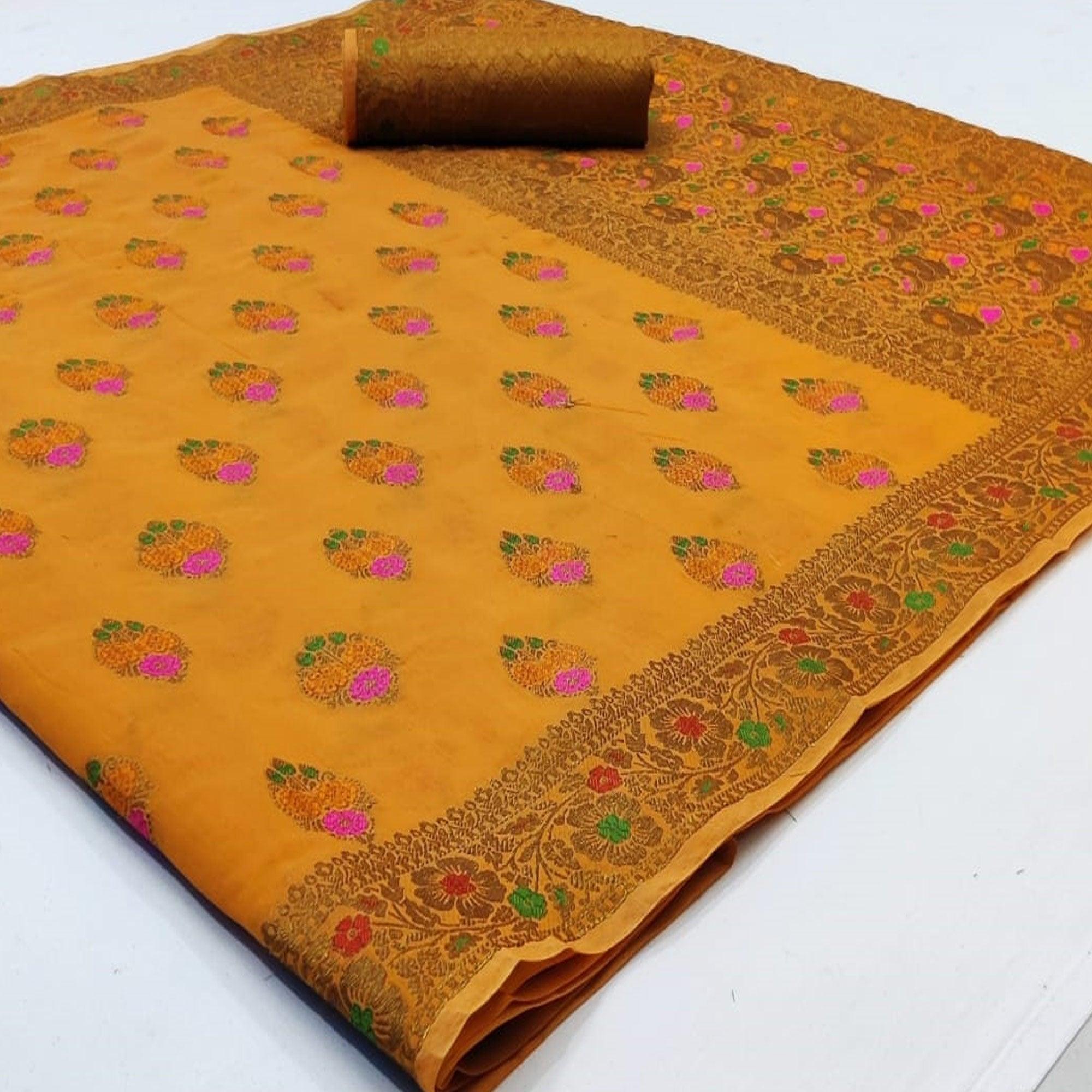 Refreshing Mustard Yellow Colored Festive Wear Woven Cotton Saree - Peachmode
