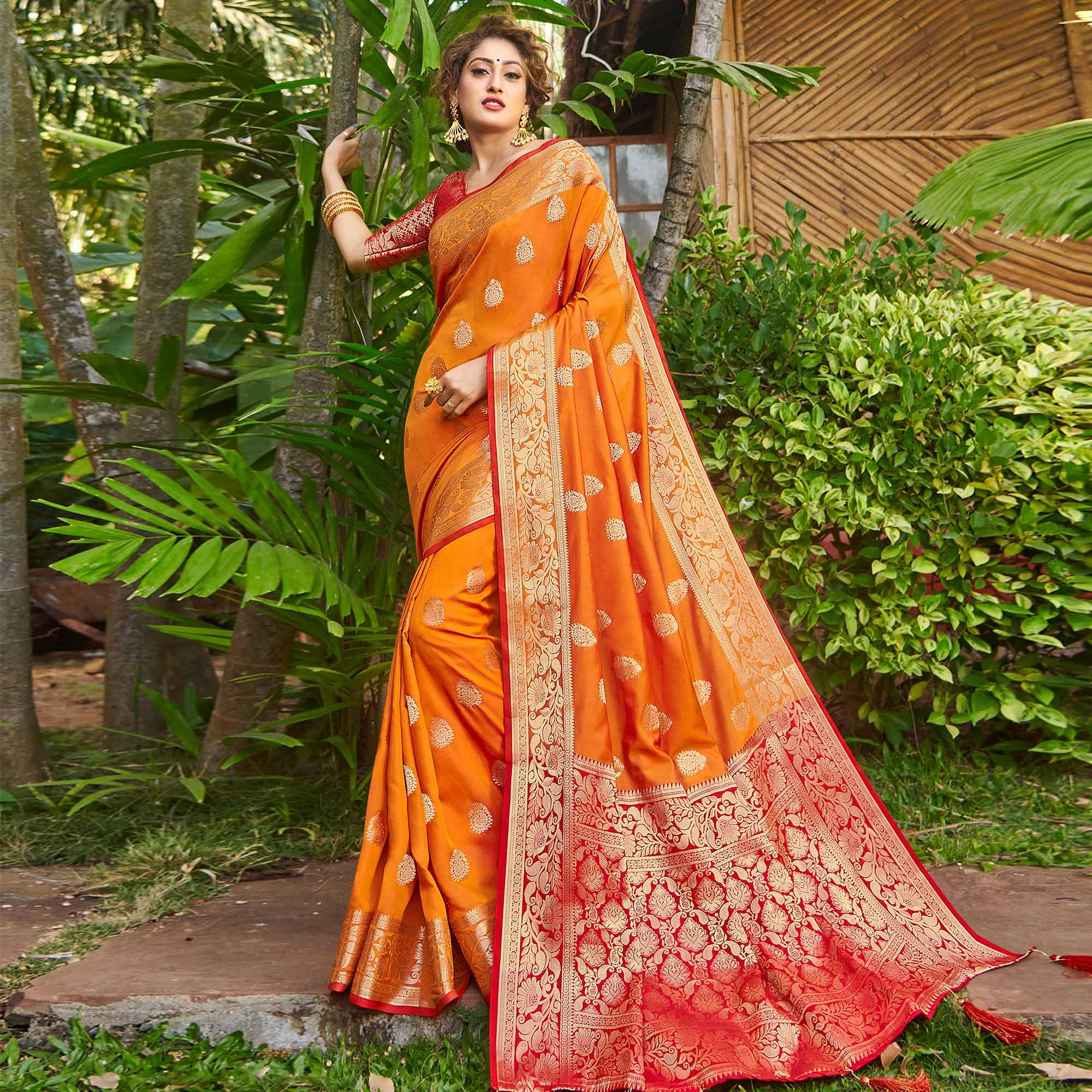 Refreshing Mustard Yellow Colored Festive Wear Woven Silk Saree - Peachmode