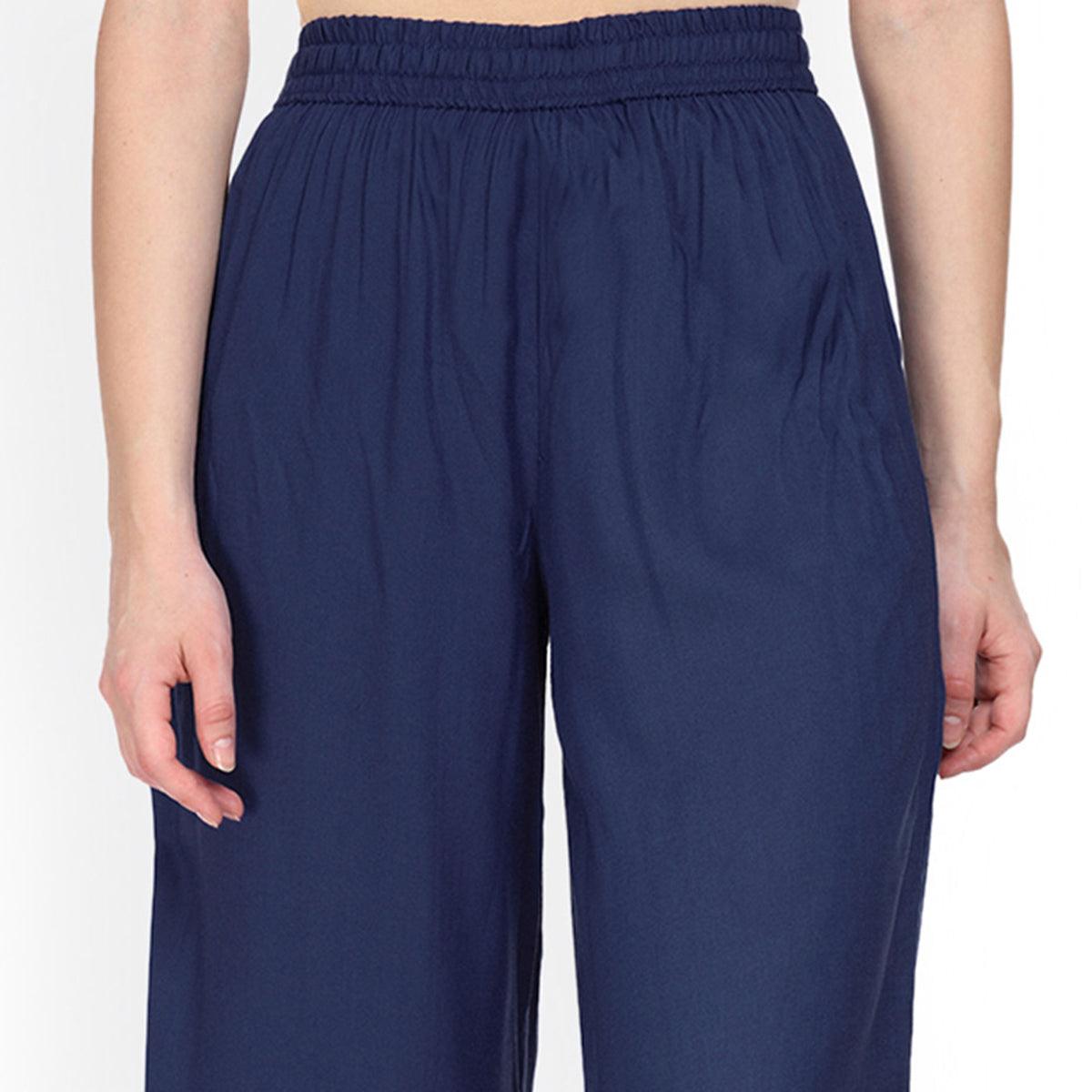 Refreshing Navy Blue Colored Casual Wear Rayon Palazzo - Peachmode