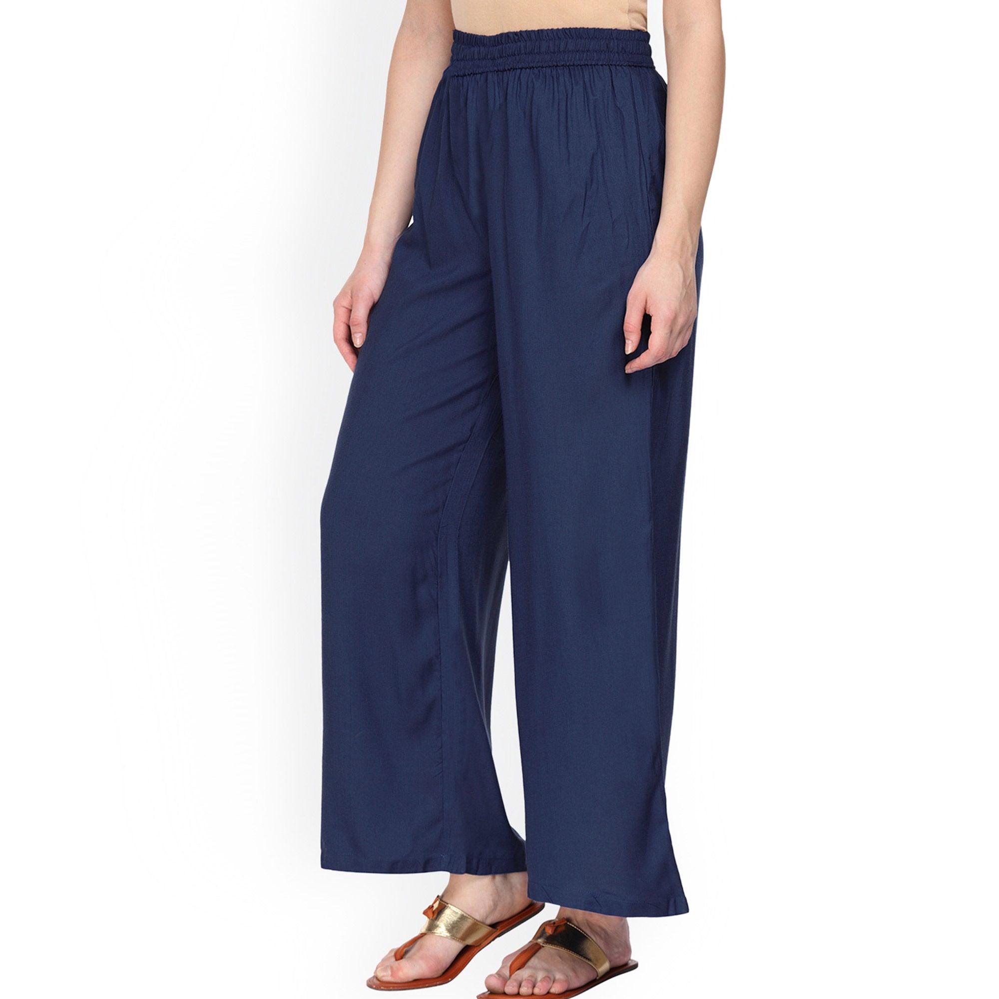 Refreshing Navy Blue Colored Casual Wear Rayon Palazzo - Peachmode