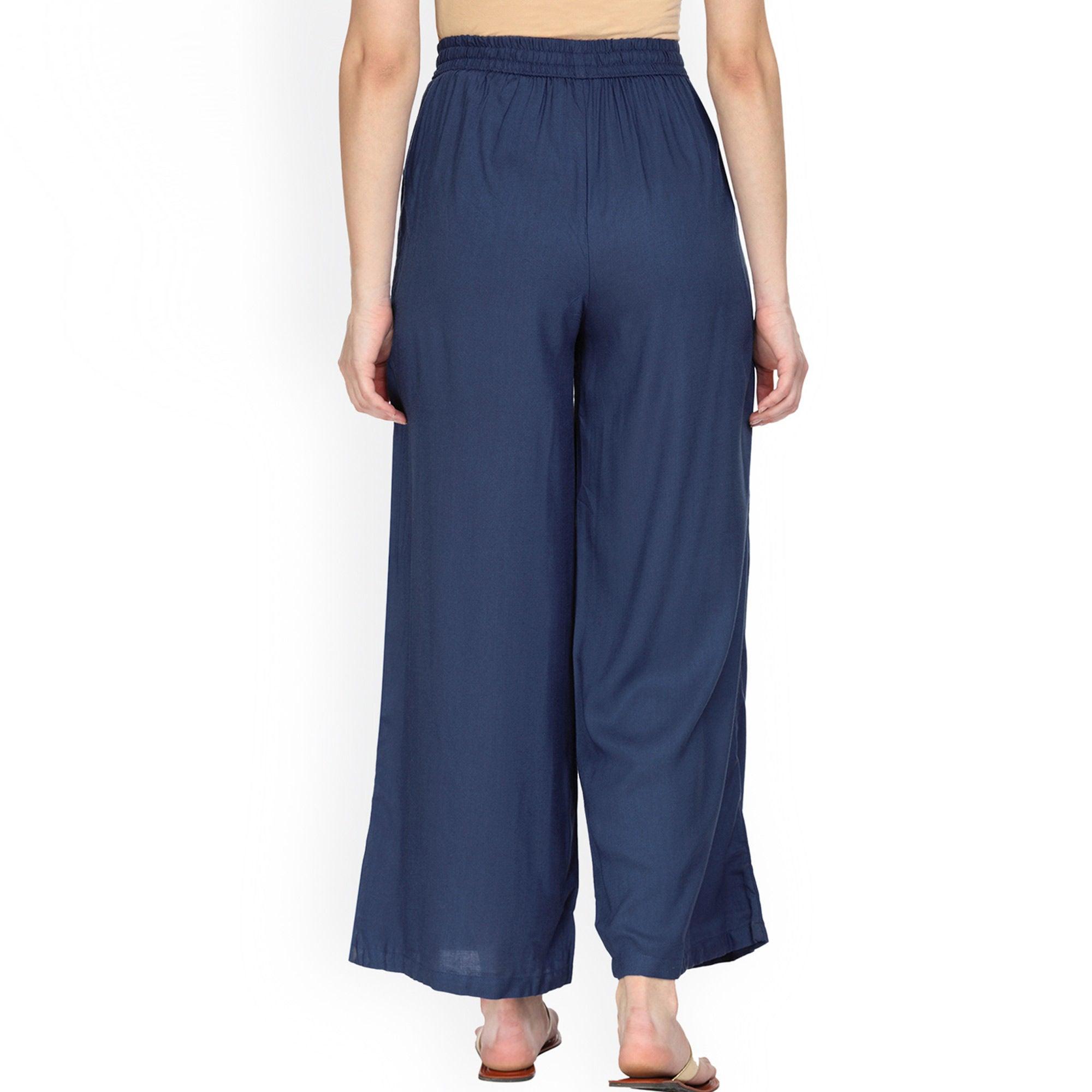 Refreshing Navy Blue Colored Casual Wear Rayon Palazzo - Peachmode