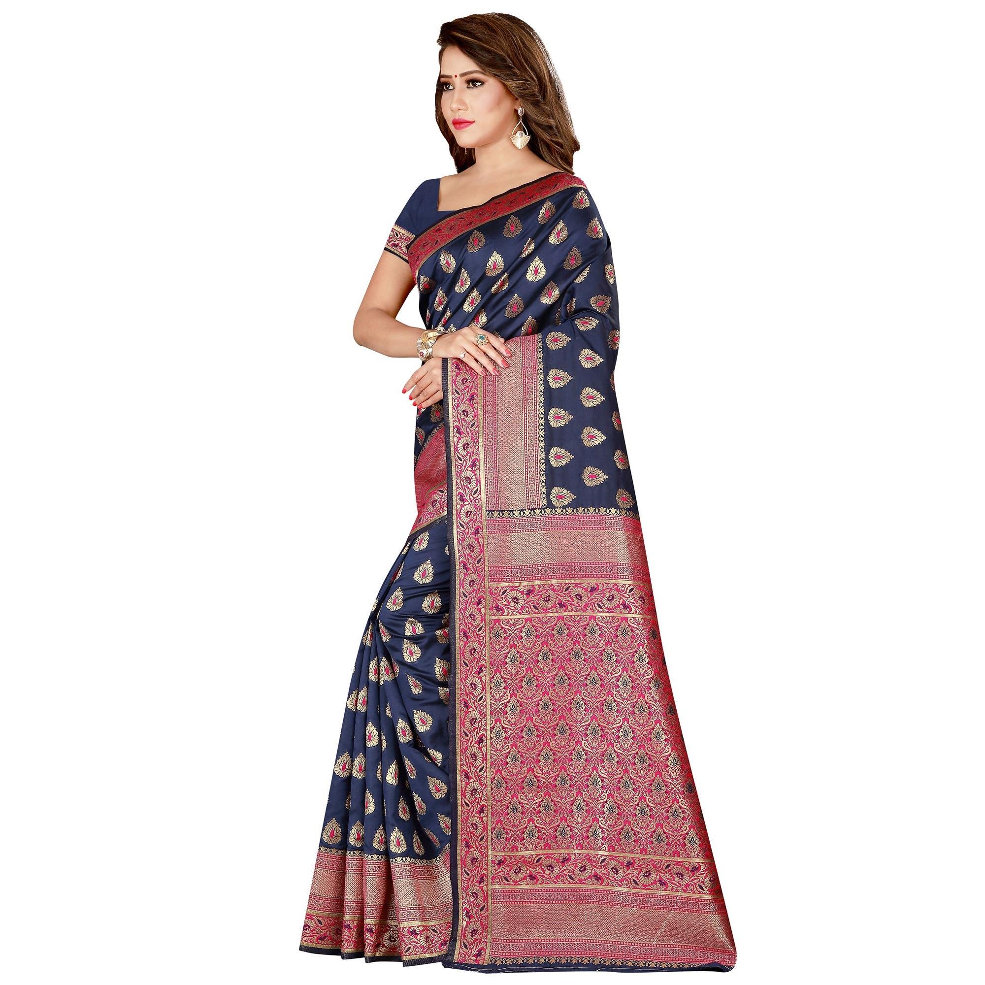 Refreshing Navy Blue Colored Festive Wear Banarasi Silk Saree - Peachmode