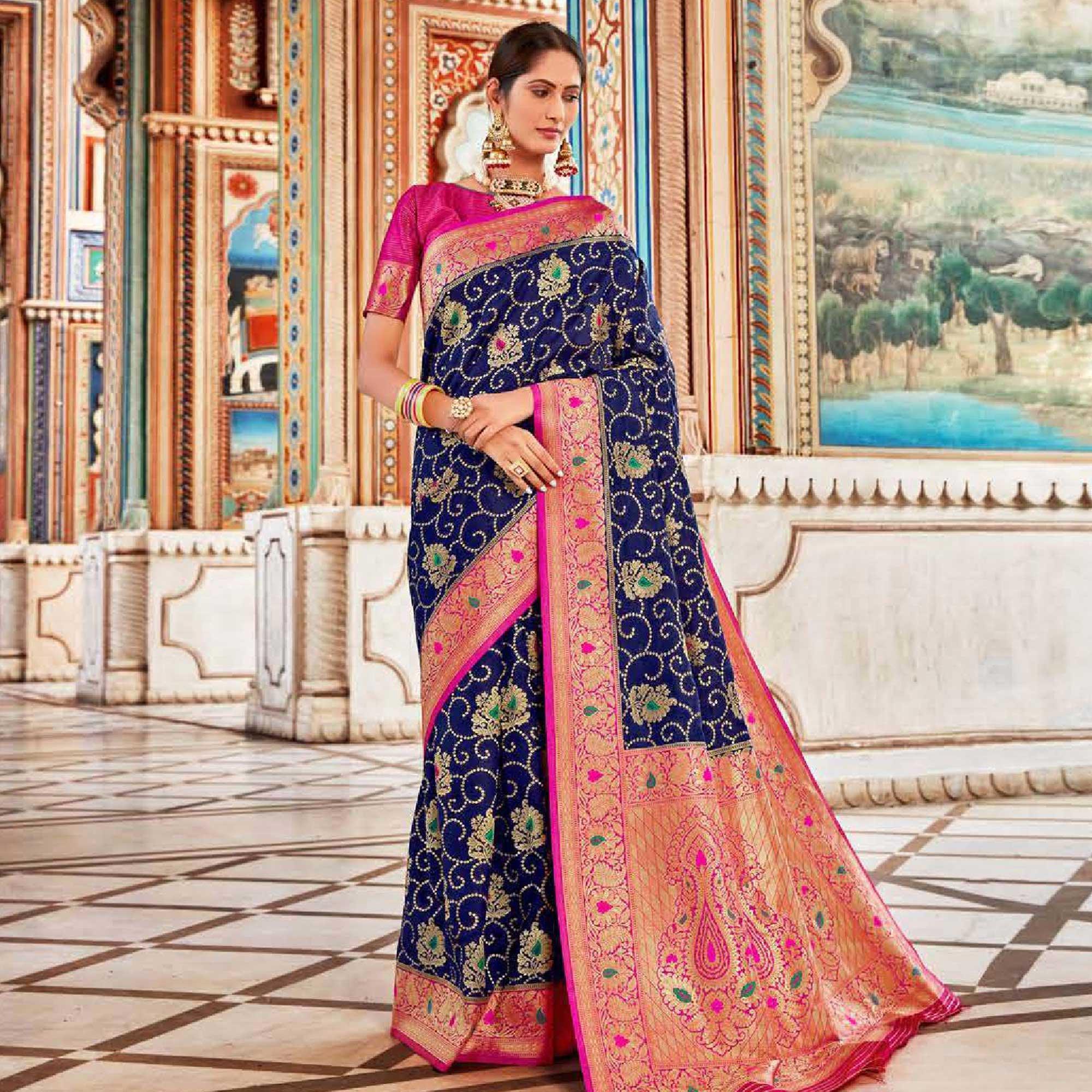 Refreshing Navy Blue Colored Festive Wear Woven Art Silk Saree - Peachmode