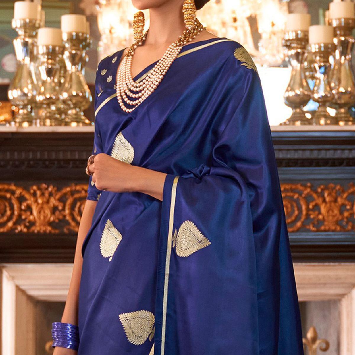 Refreshing Navy Blue Colored Festive Wear Woven Pure Satin Silk Saree - Peachmode