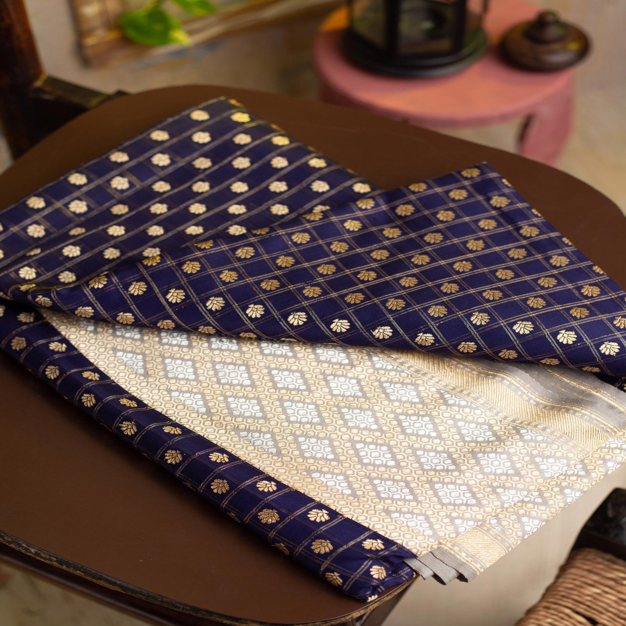 Refreshing Navy Blue Colored Festive Woven Heavy Nylon Banarasi Silk Saree - Peachmode