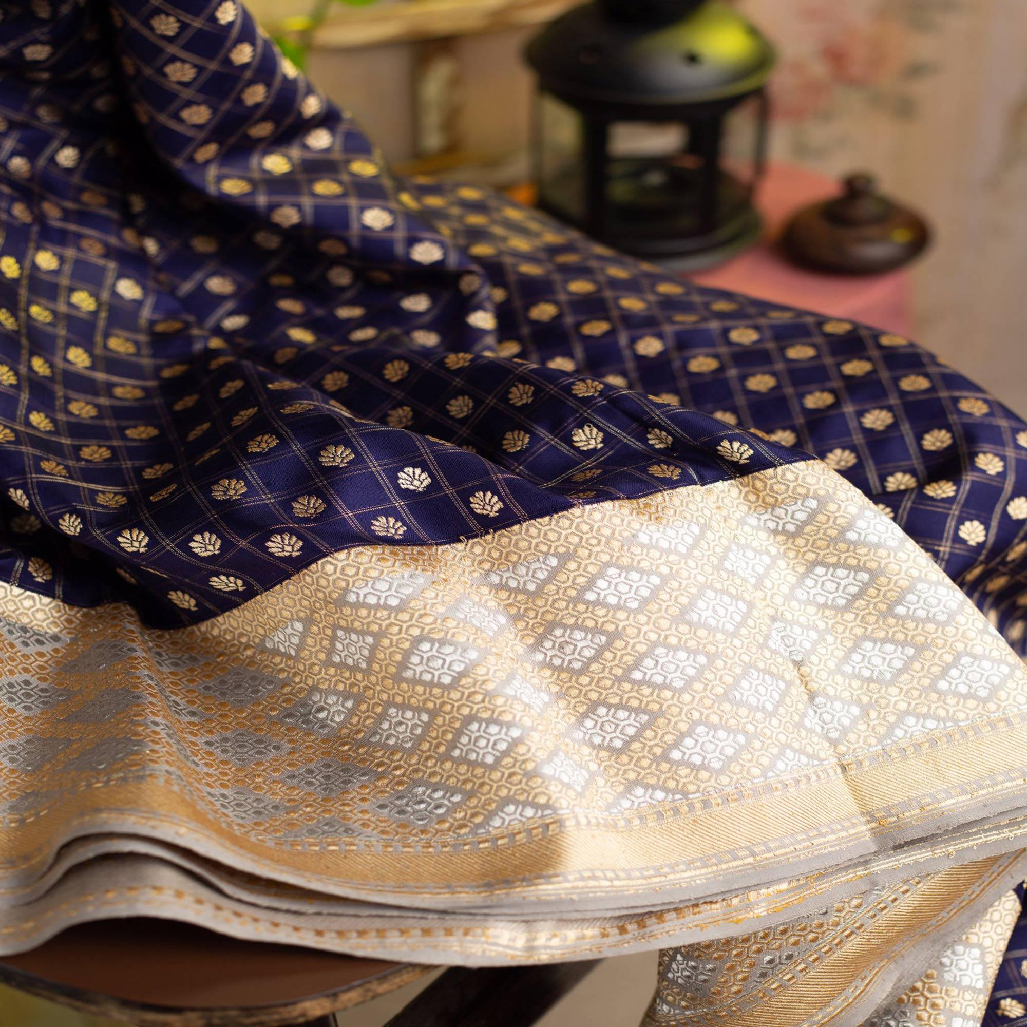 Refreshing Navy Blue Colored Festive Woven Heavy Nylon Banarasi Silk Saree - Peachmode