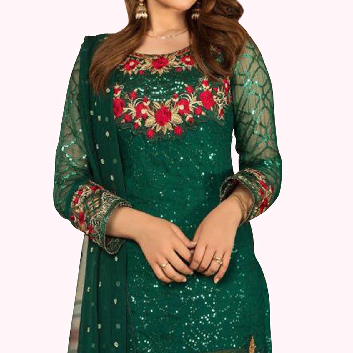 Refreshing Ocean Green Colored Partywear Embroidered Georgette Pant Style Kashmiri Suit - Peachmode