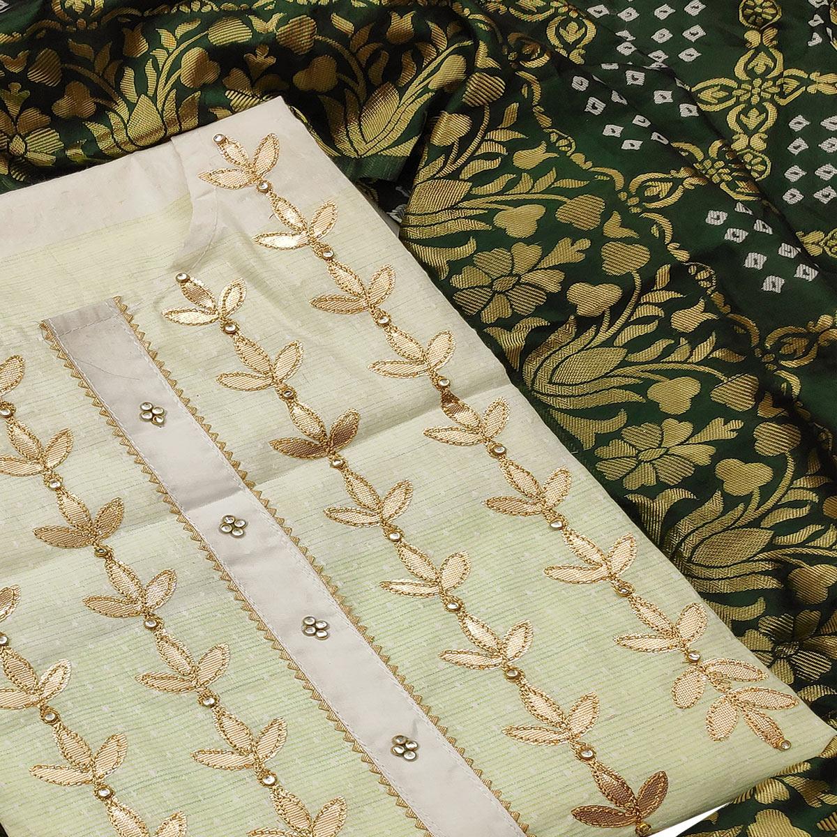 Refreshing Offwhite - Green Colored Casual Embroidered Cotton Dress Material - Peachmode