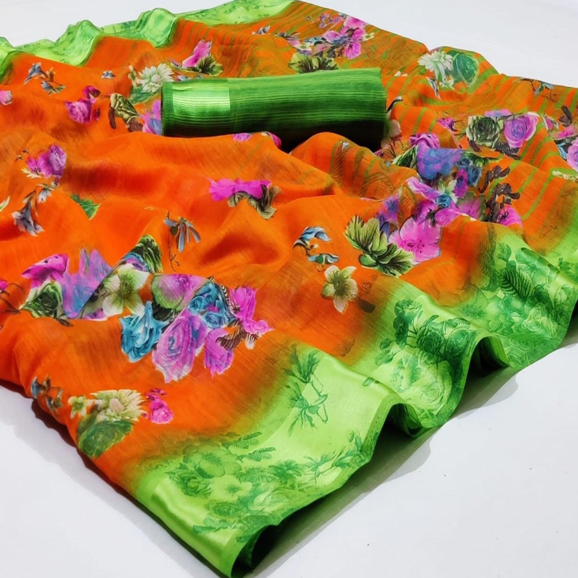 Refreshing Orange Colored Casual Wear Fancy Printed Linen Saree - Peachmode