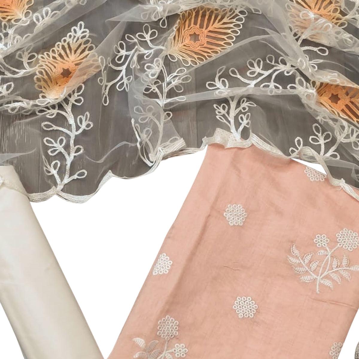 Refreshing Pastel Peach Colored Casual Embroidered Chanderi Dress Material - Peachmode