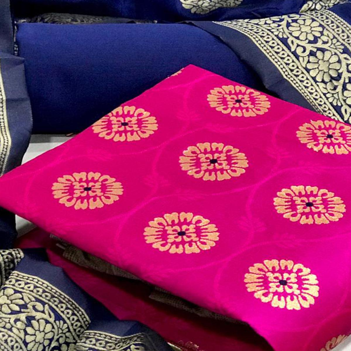Refreshing Pink Colored Casual Wear Woven Banarasi Silk Dress Material - Peachmode