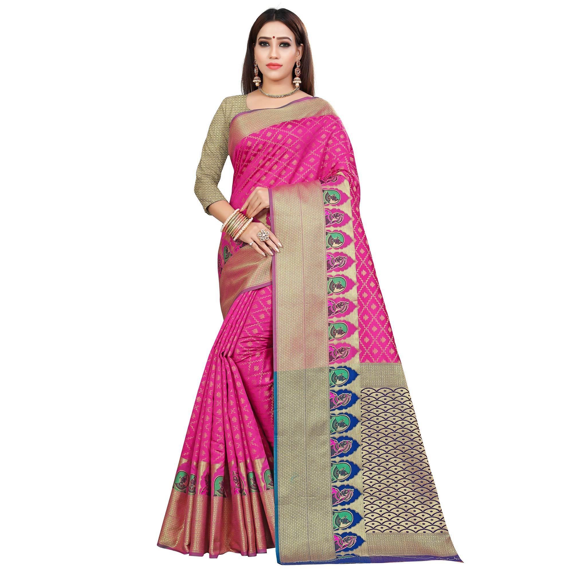 Refreshing Pink Colored Festive Wear Woven Silk Saree - Peachmode