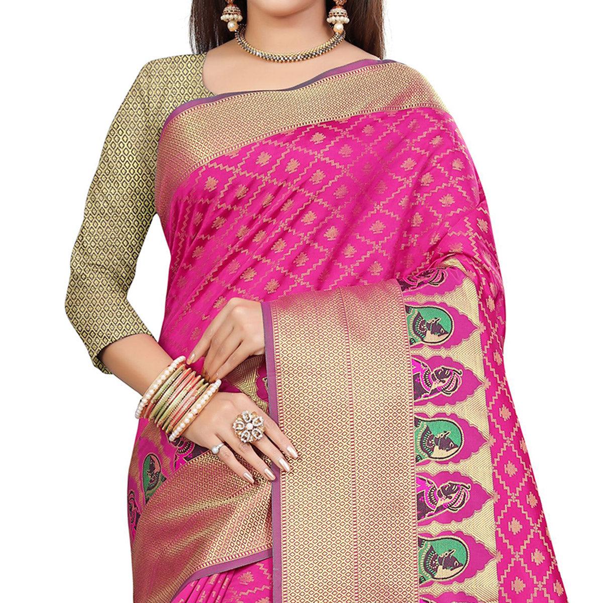 Refreshing Pink Colored Festive Wear Woven Silk Saree - Peachmode