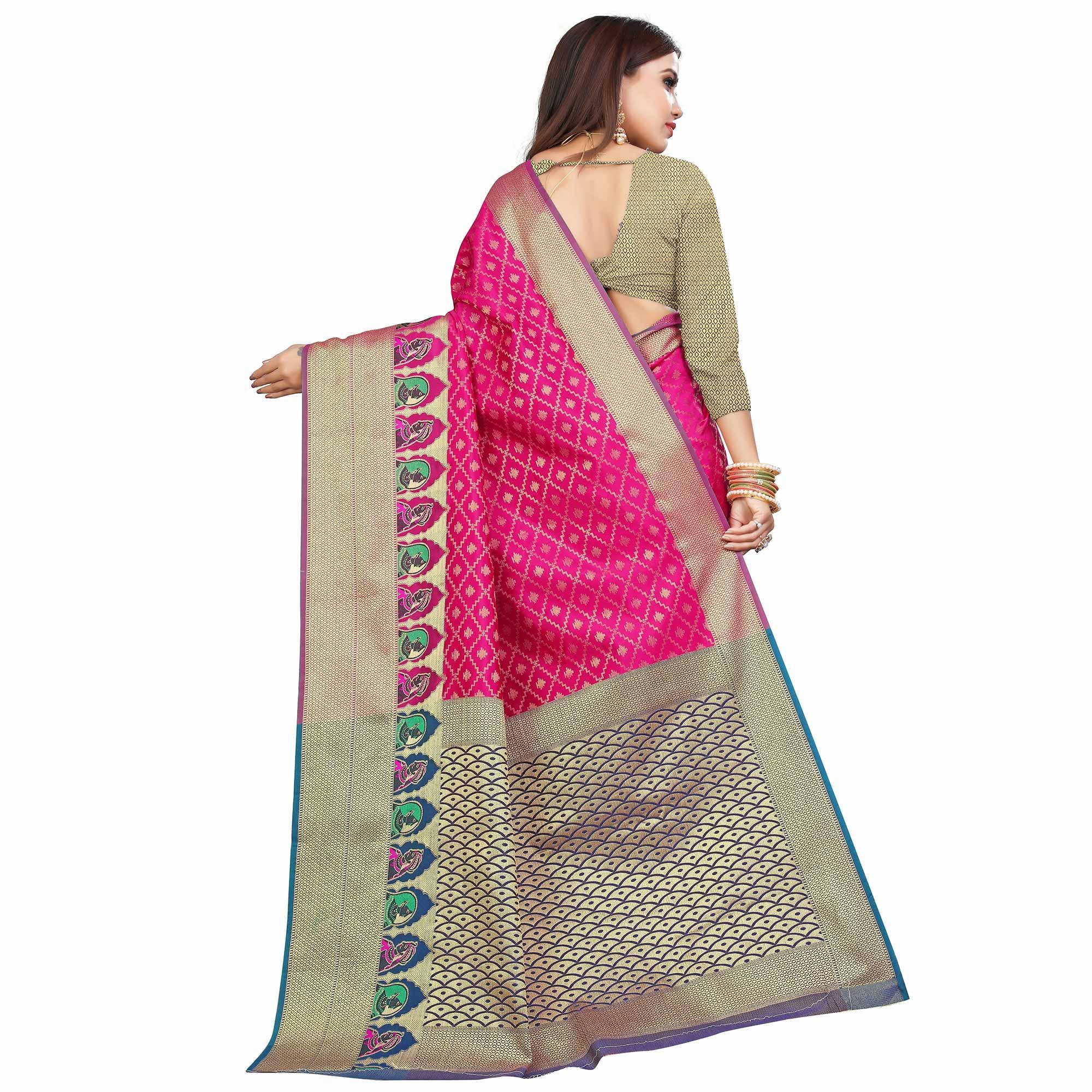 Refreshing Pink Colored Festive Wear Woven Silk Saree - Peachmode