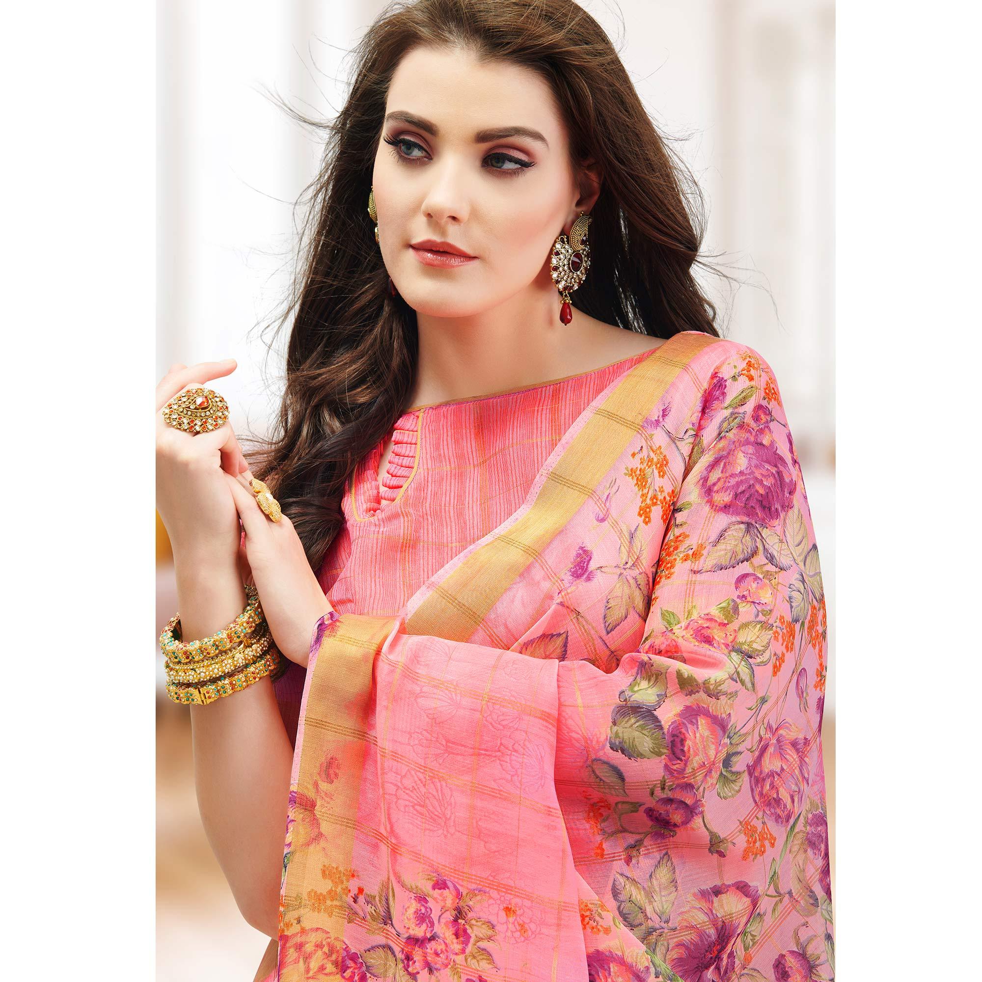 Refreshing Pink Colored Partywear Digital Printed Linen Saree - Peachmode
