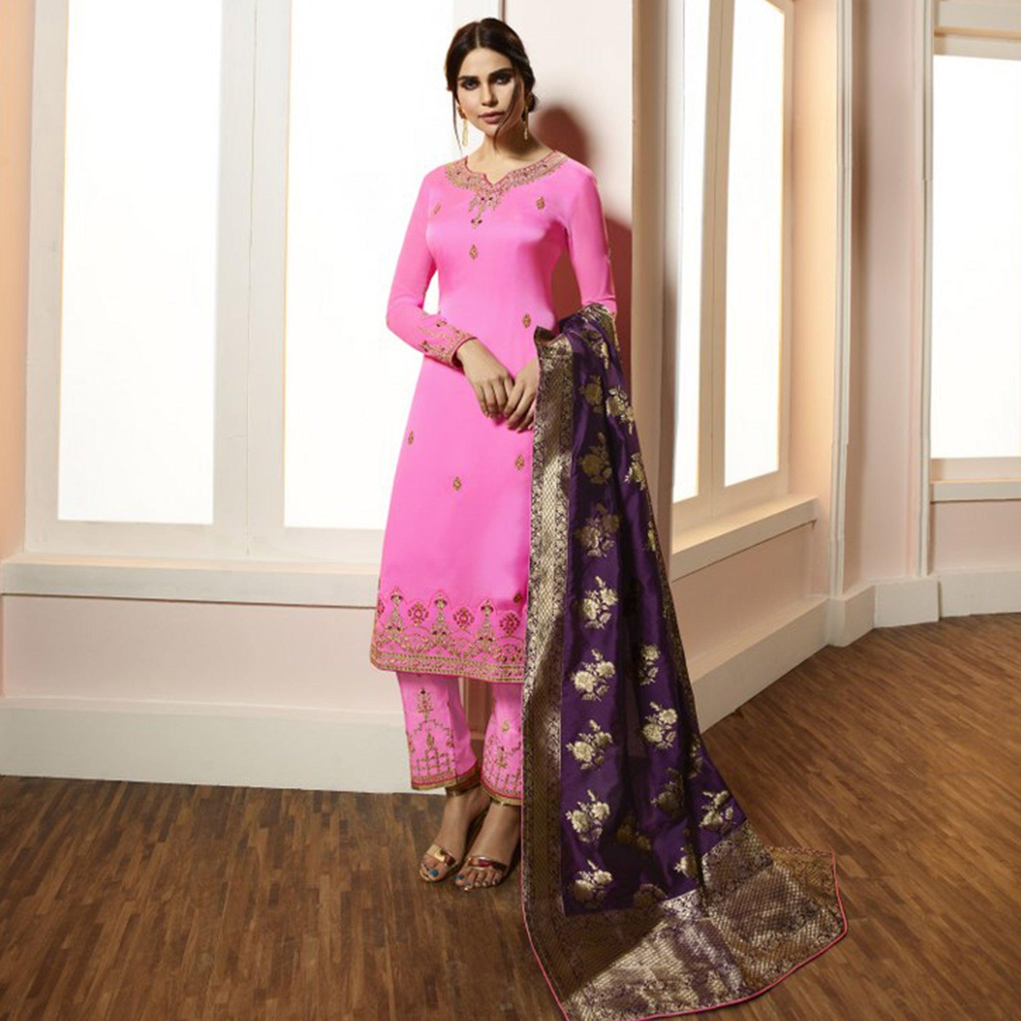 Refreshing Pink Colored Partywear Embroidered Satin-Georgette Suit With Banarasi Silk Dupatta - Peachmode