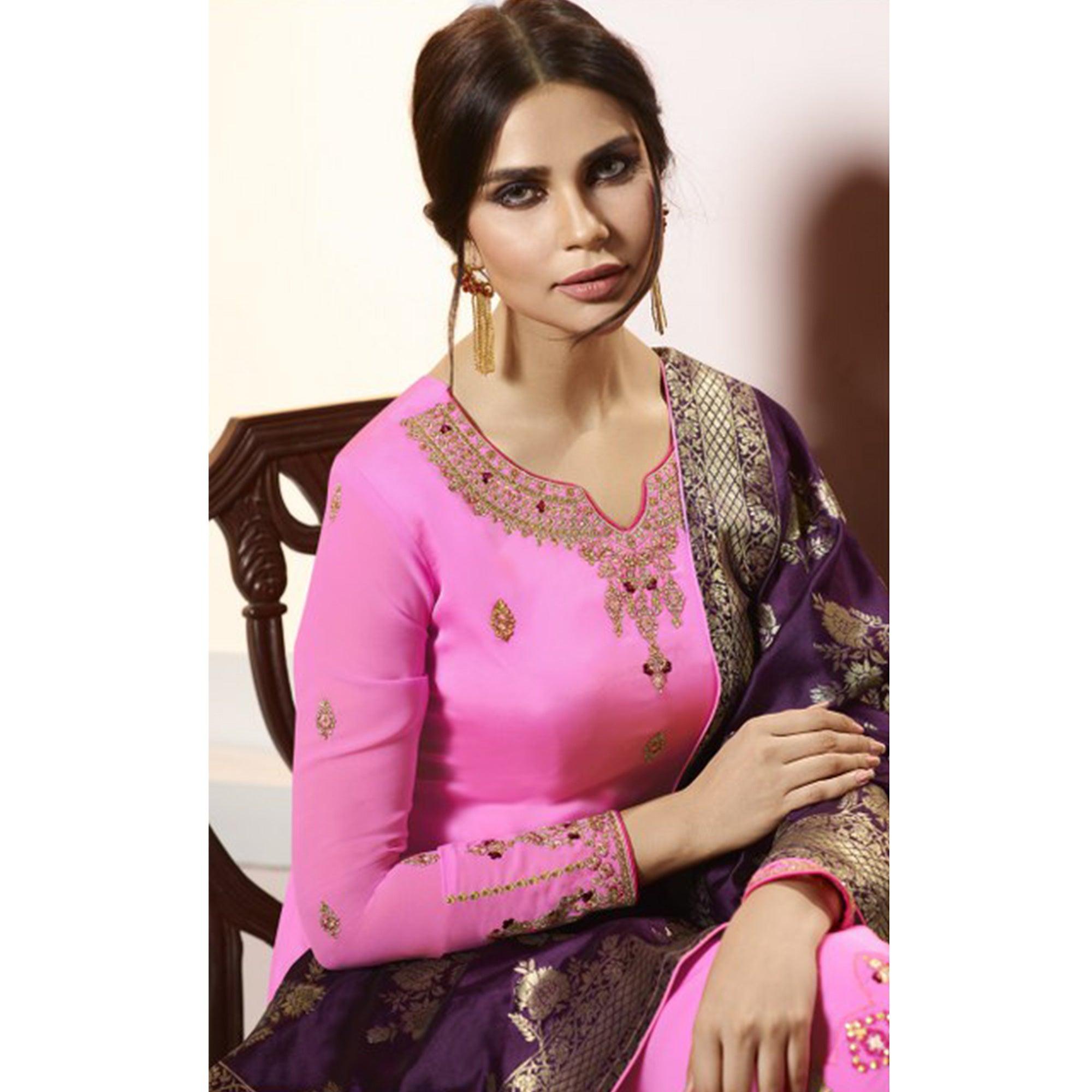Refreshing Pink Colored Partywear Embroidered Satin-Georgette Suit With Banarasi Silk Dupatta - Peachmode