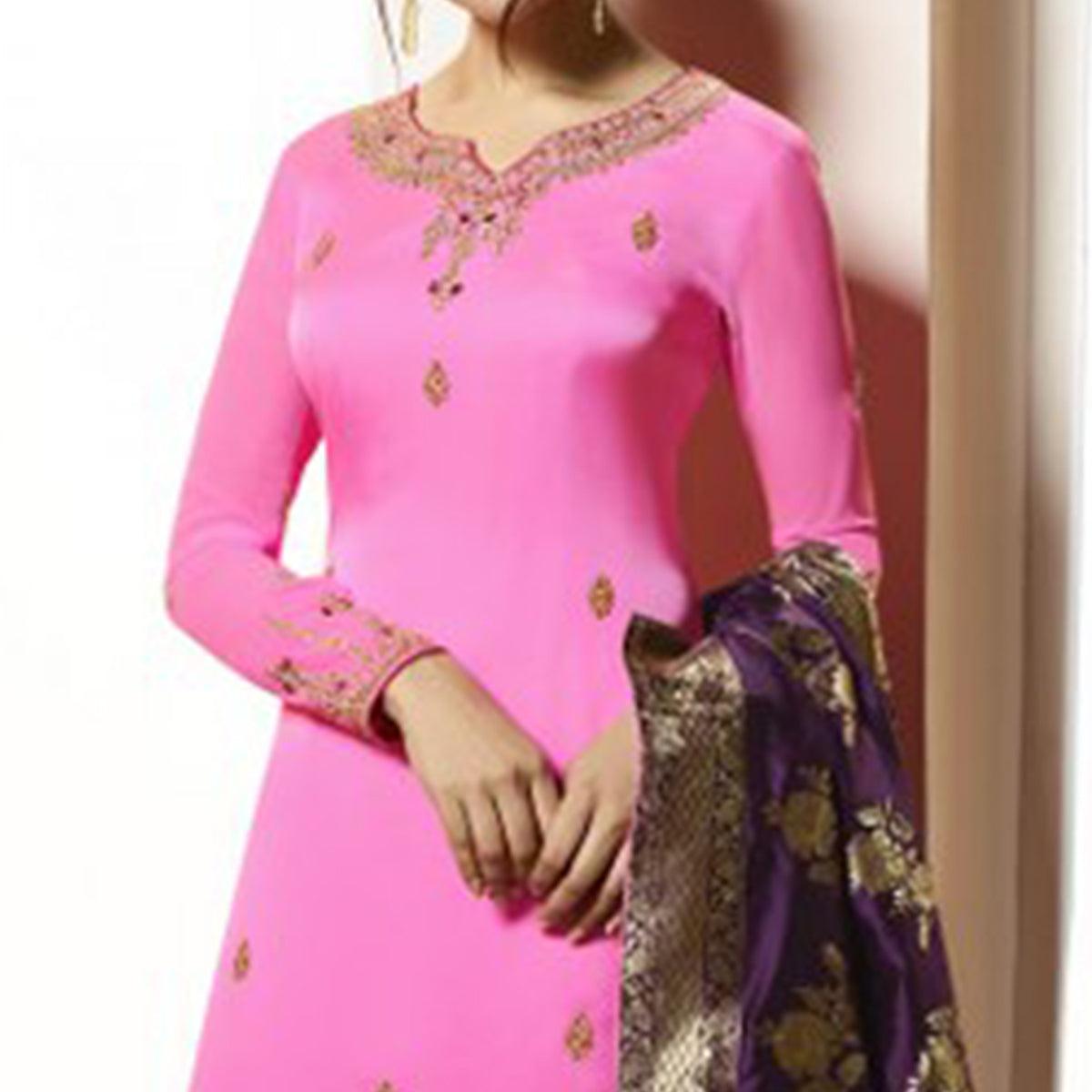 Refreshing Pink Colored Partywear Embroidered Satin-Georgette Suit With Banarasi Silk Dupatta - Peachmode