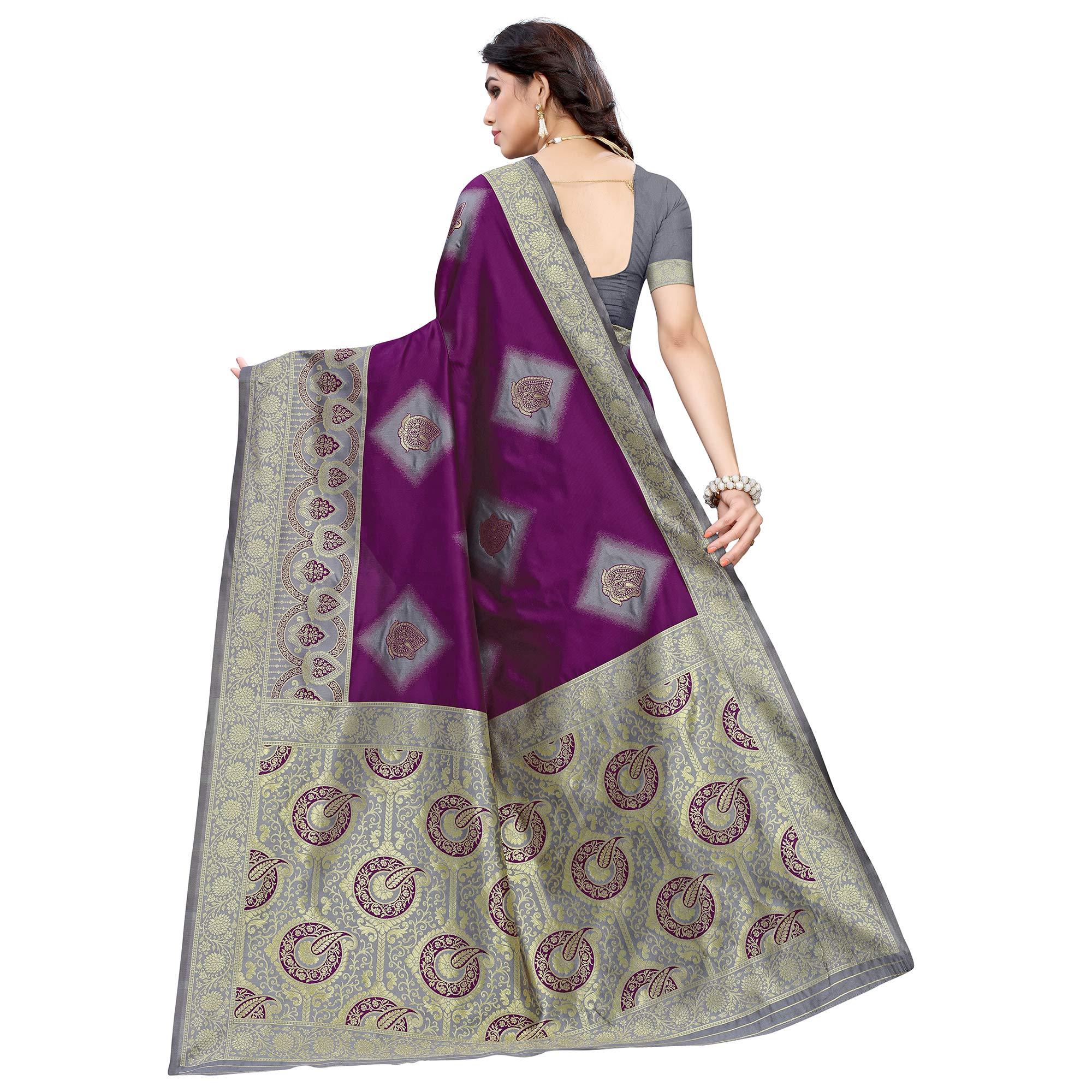 Refreshing Purple - Grey Colored Festive Wear Woven Jacquard Saree - Peachmode