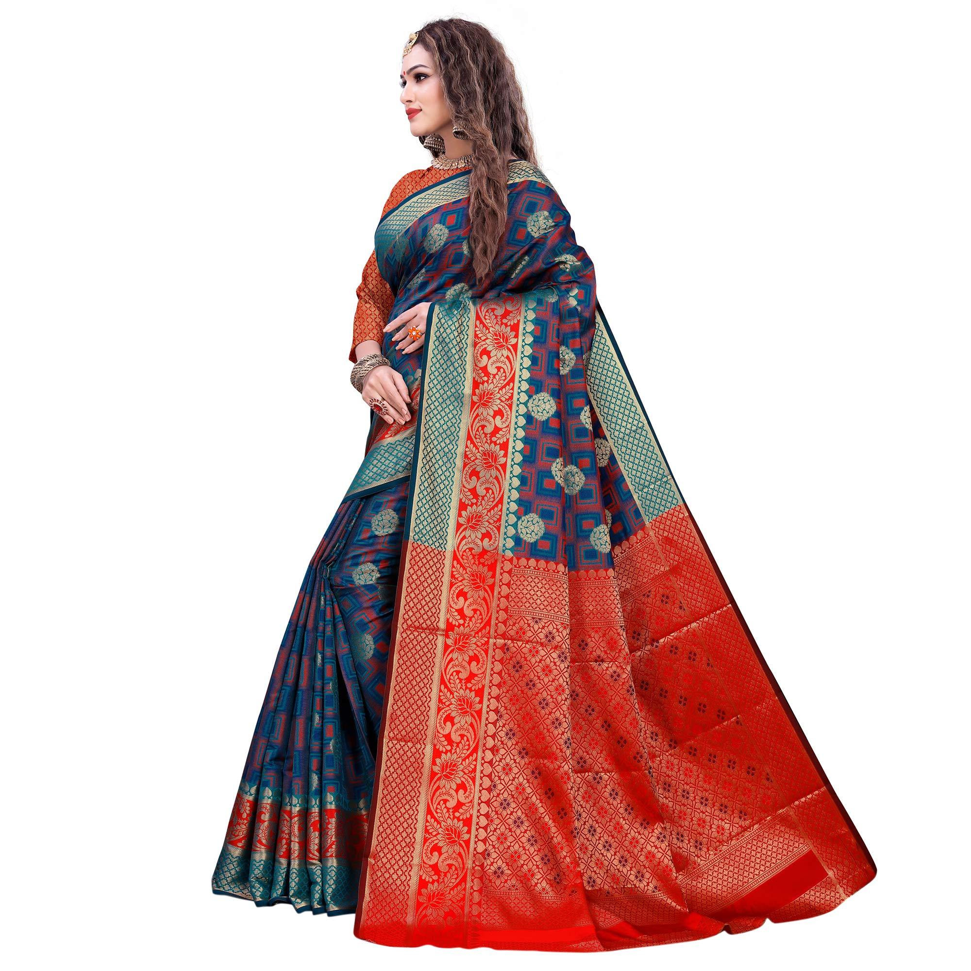 Refreshing Rama Blue-Red Colored Festive Wear Woven Cotton Silk Jacquard Saree - Peachmode