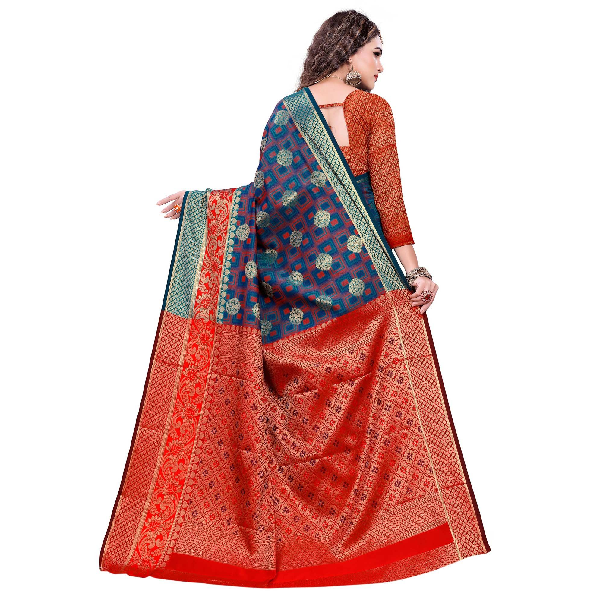 Refreshing Rama Blue-Red Colored Festive Wear Woven Cotton Silk Jacquard Saree - Peachmode