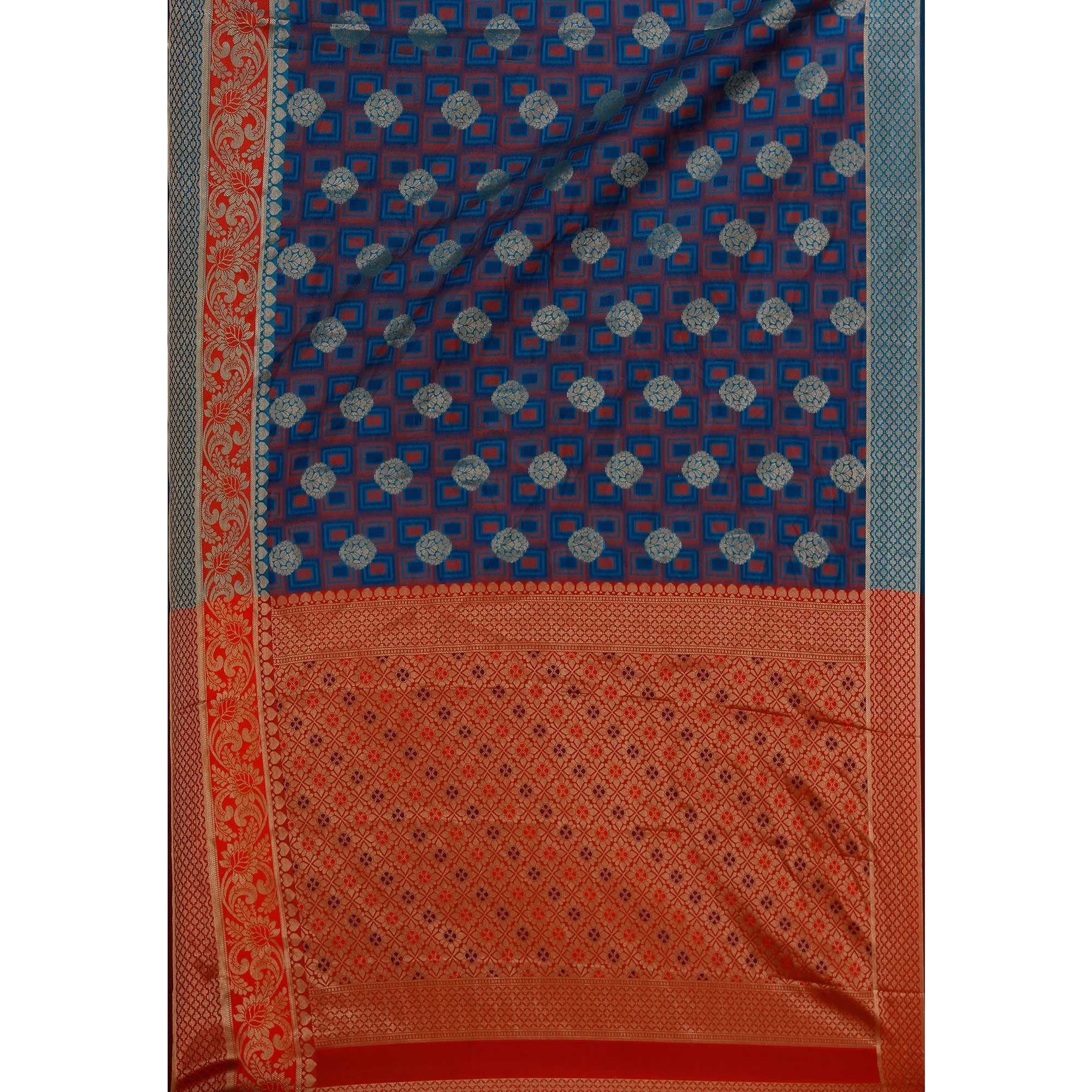 Refreshing Rama Blue-Red Colored Festive Wear Woven Cotton Silk Jacquard Saree - Peachmode