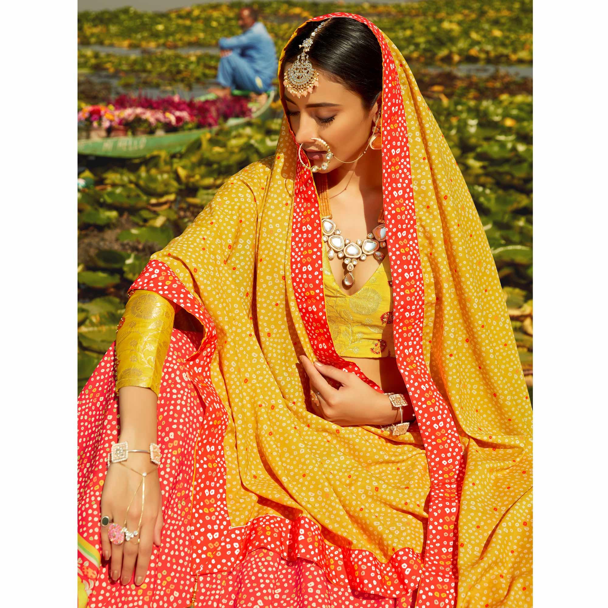 Refreshing Red & Orange Coloured Wedding Wear Designer Stone Work Heavy Silk Lehenga Choli - Peachmode