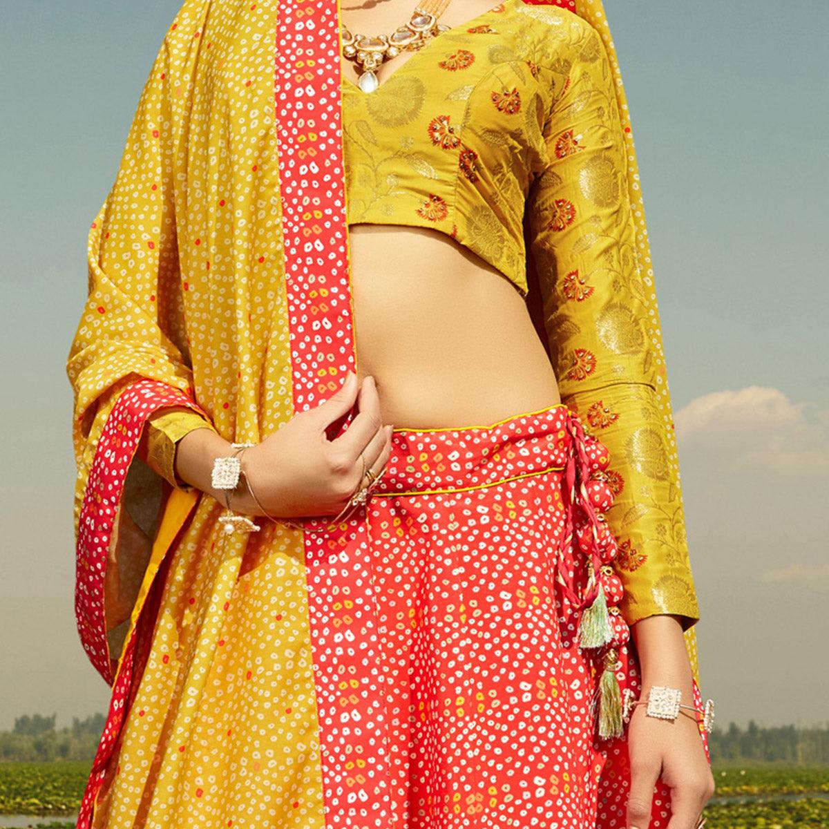 Refreshing Red & Orange Coloured Wedding Wear Designer Stone Work Heavy Silk Lehenga Choli - Peachmode