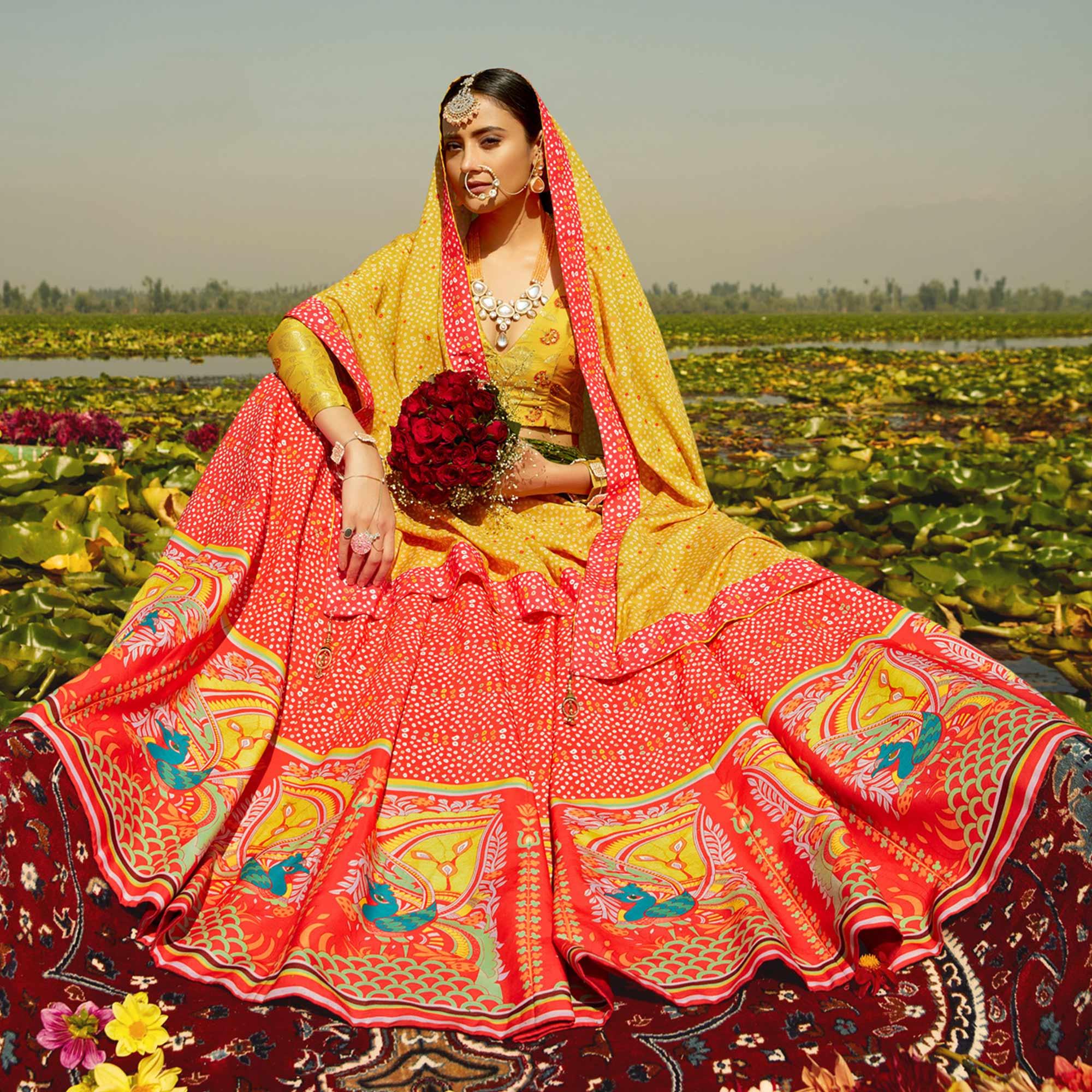 Refreshing Red & Orange Coloured Wedding Wear Designer Stone Work Heavy Silk Lehenga Choli - Peachmode