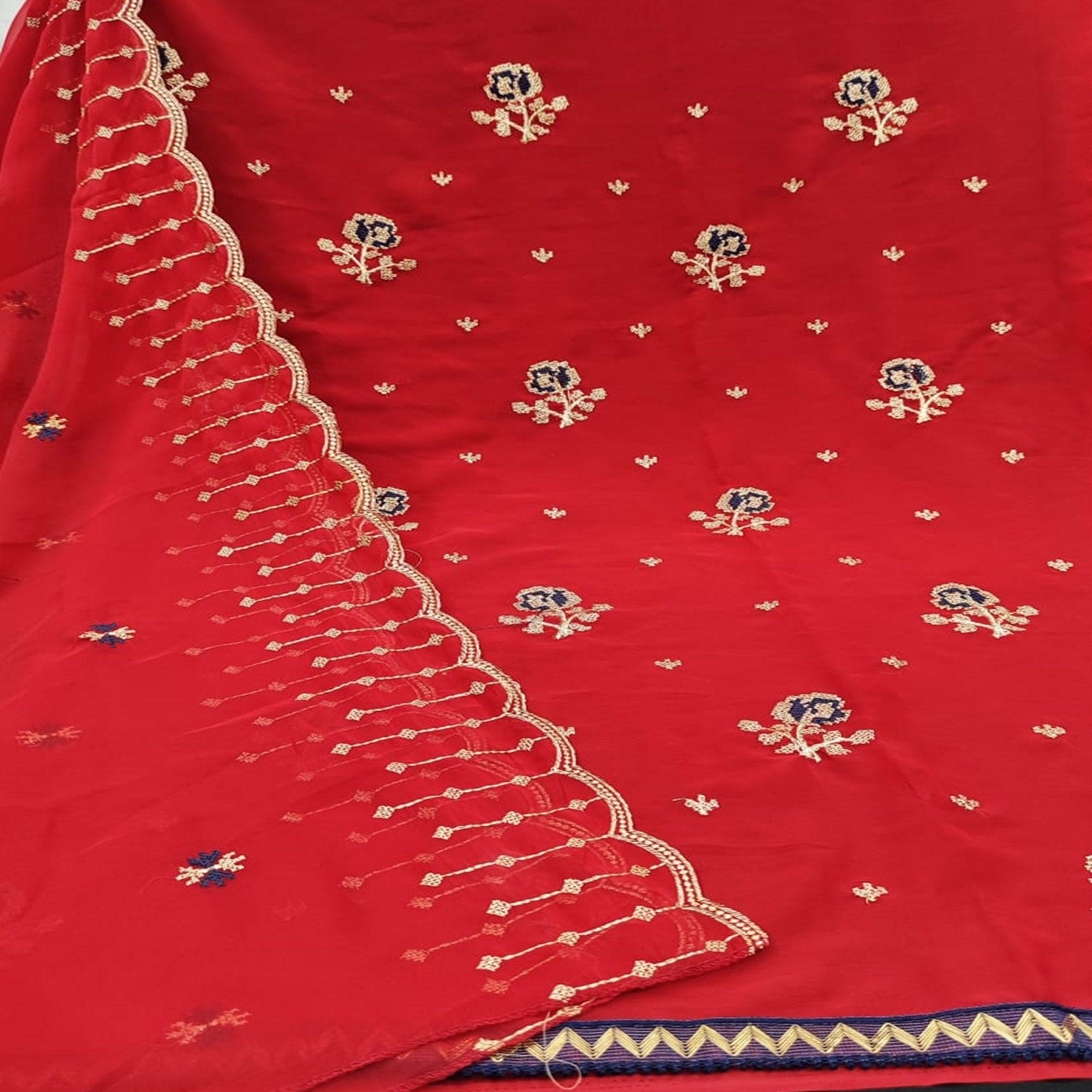 Refreshing Red Colored Casual Wear Embroidered Georgette Dress Material - Peachmode