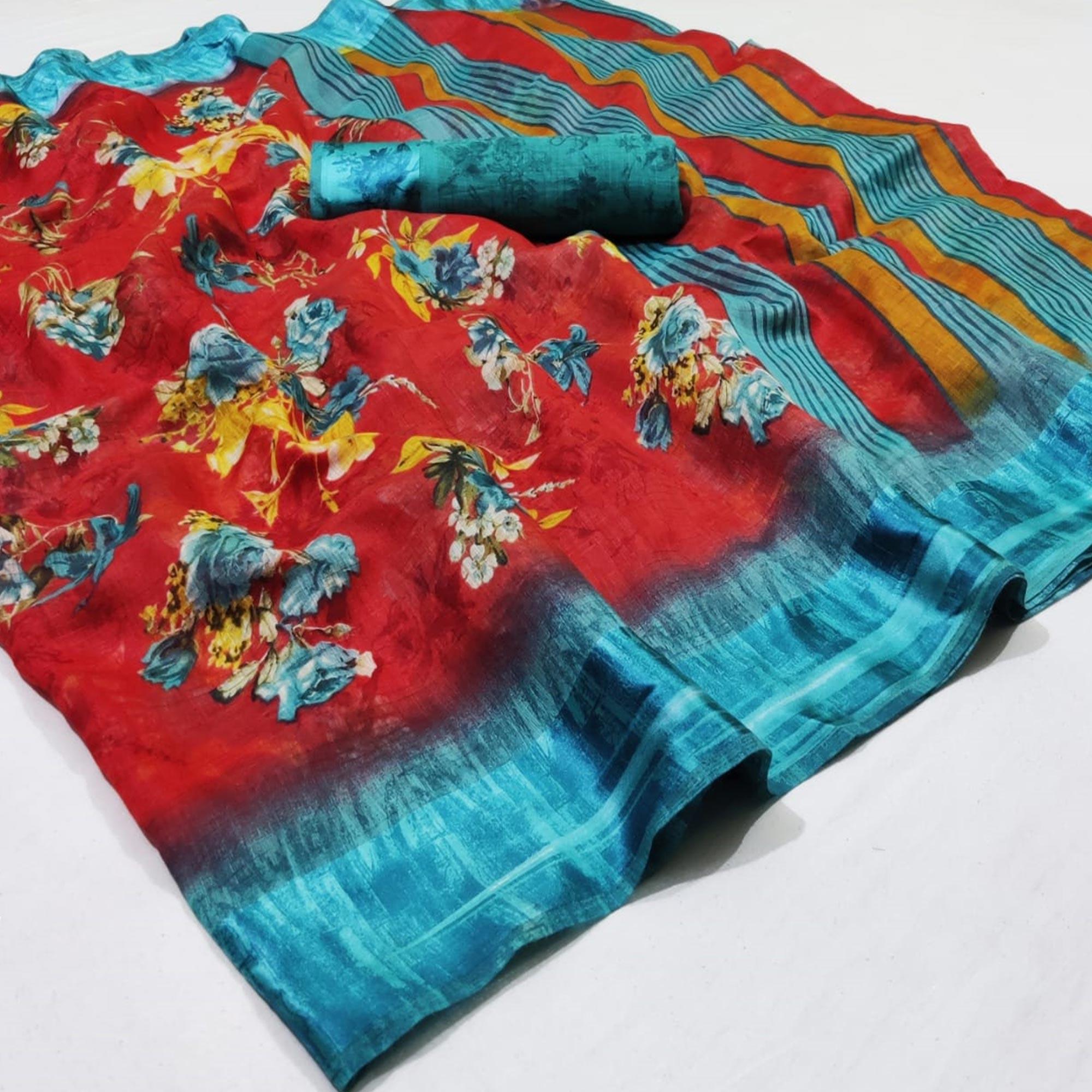 Refreshing Red Colored Casual Wear Printed Linen Saree - Peachmode