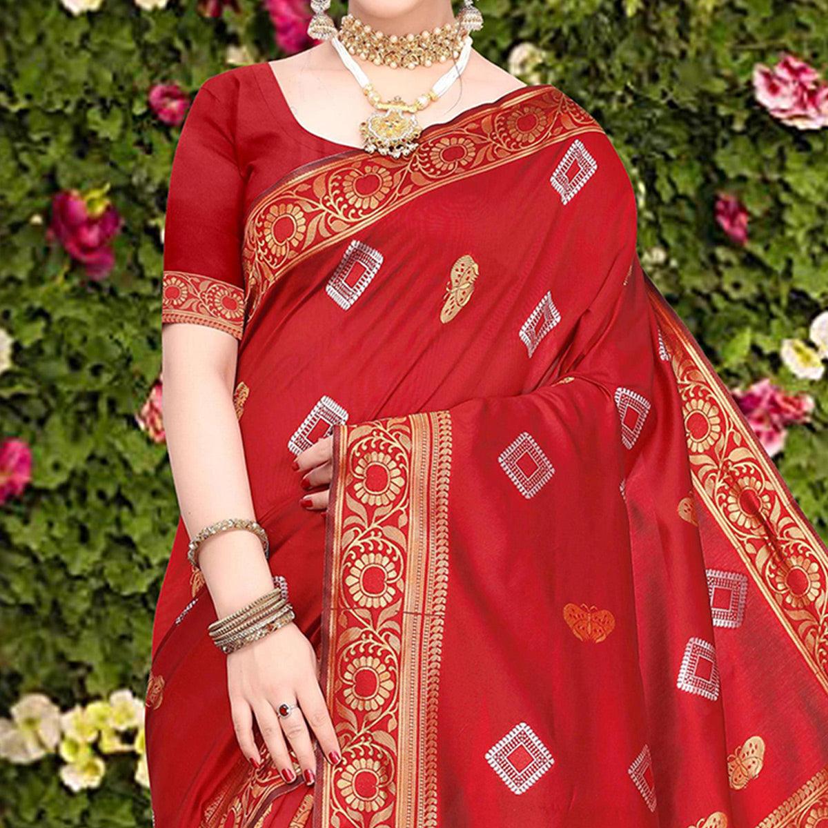 Refreshing Red Colored Festive Wear Woven Banarasi Silk Saree - Peachmode