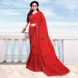 Refreshing Red Colored Partywear Embroidered Georgette Saree - Peachmode