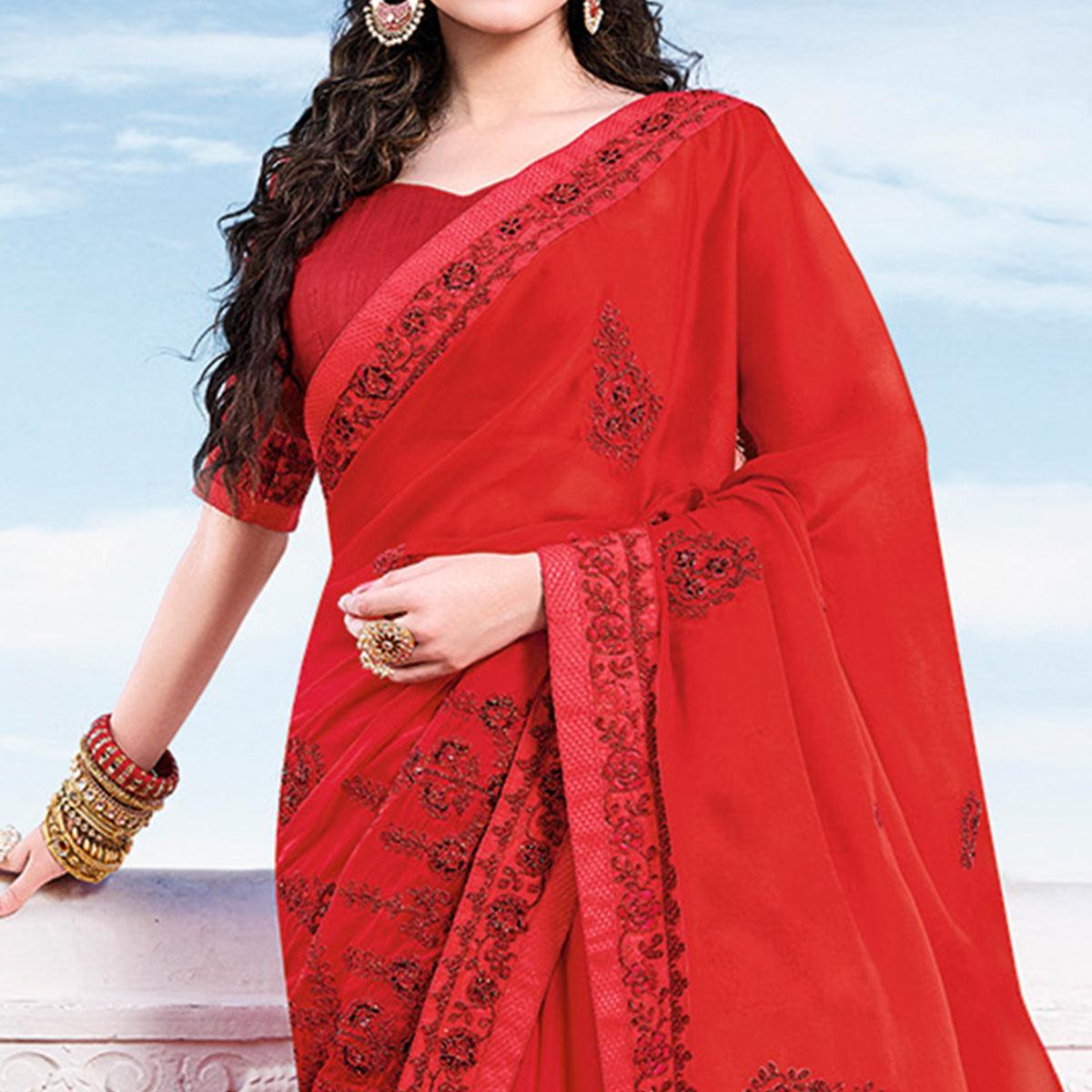 Refreshing Red Colored Partywear Embroidered Georgette Saree - Peachmode