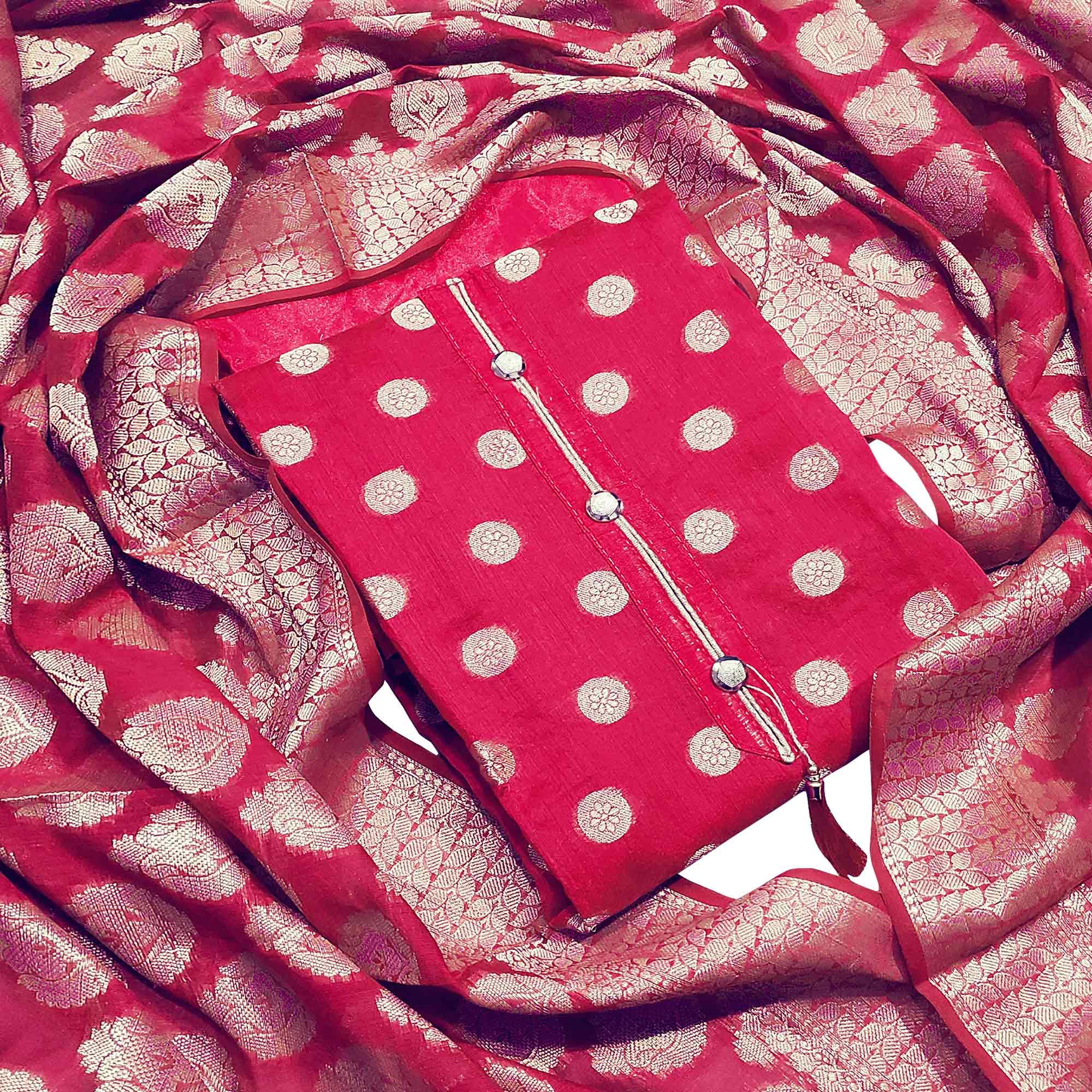 Refreshing Red Woven Banarasi Silk Dress Material - Peachmode