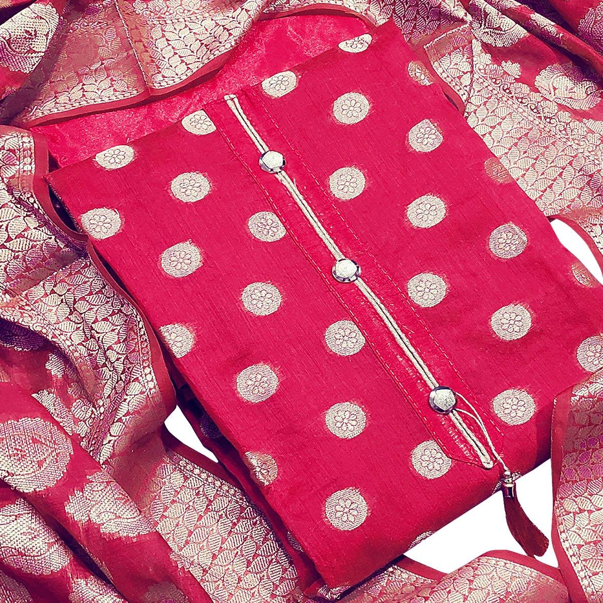 Refreshing Red Woven Banarasi Silk Dress Material - Peachmode